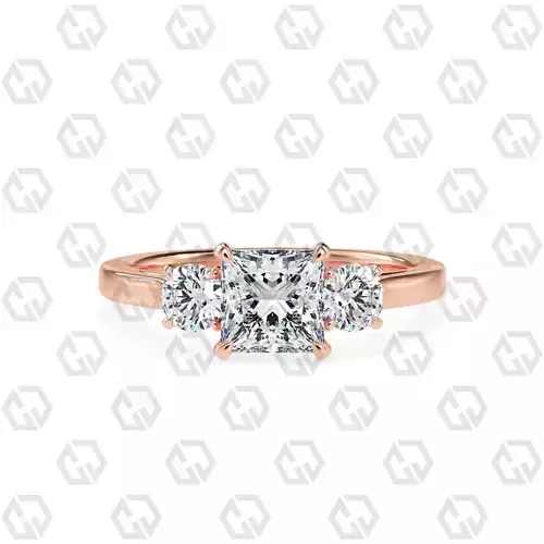 Ring 118 Princess Shape Cathedral shank 3 stone ring with round