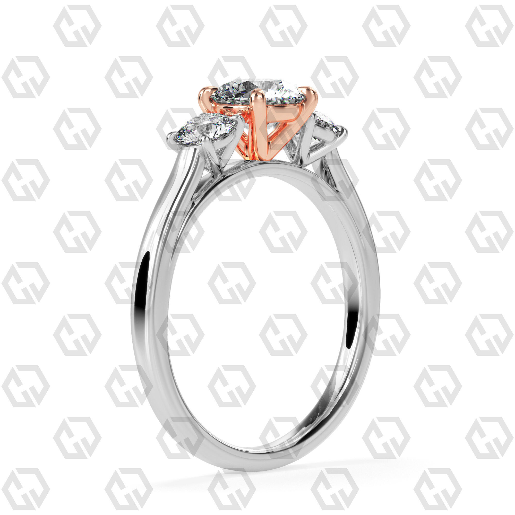 Ring 119 Round Shape Cathedral shank 3 stone ring with round 3D print model_2