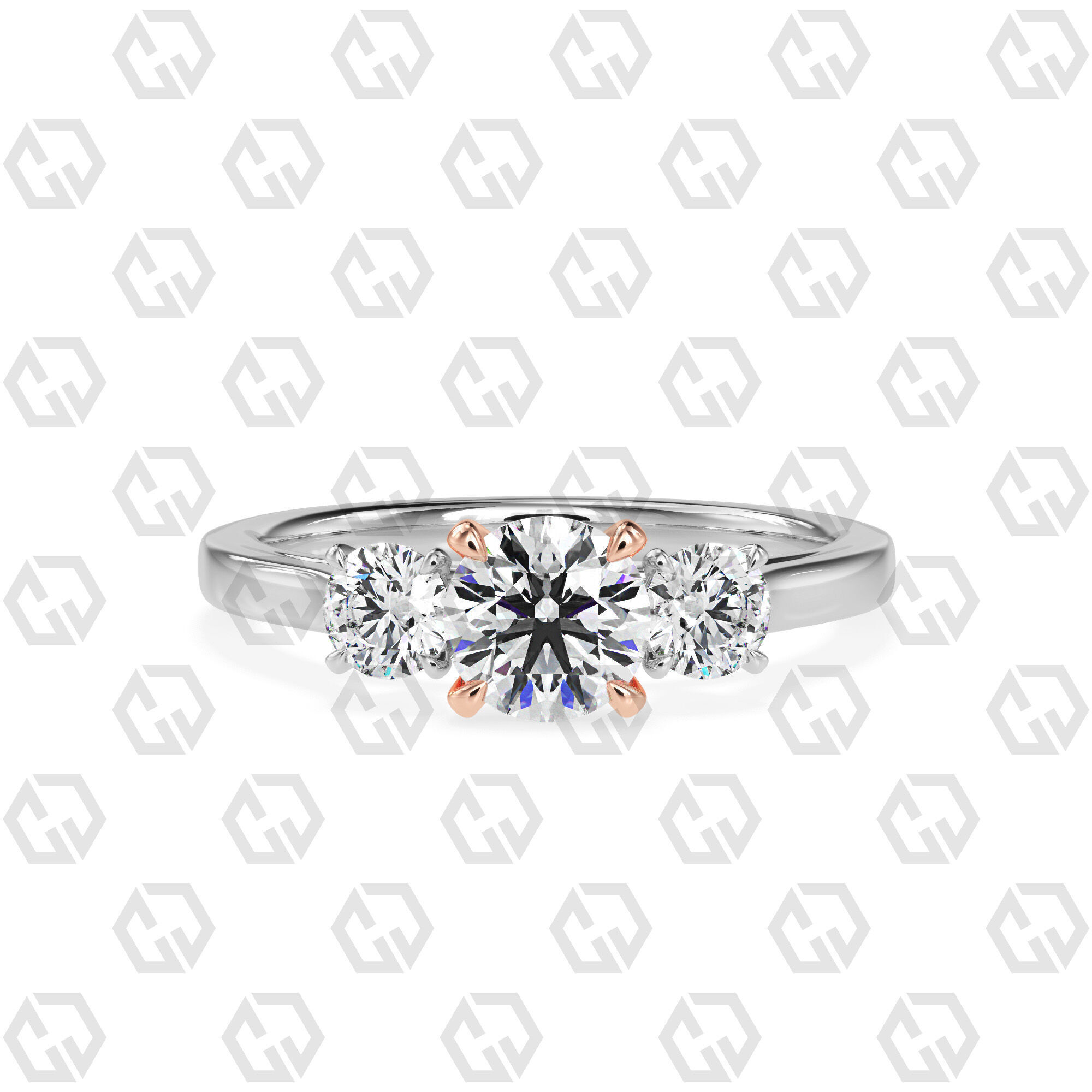 Ring 119 Round Shape Cathedral shank 3 stone ring with round 3D print model_3