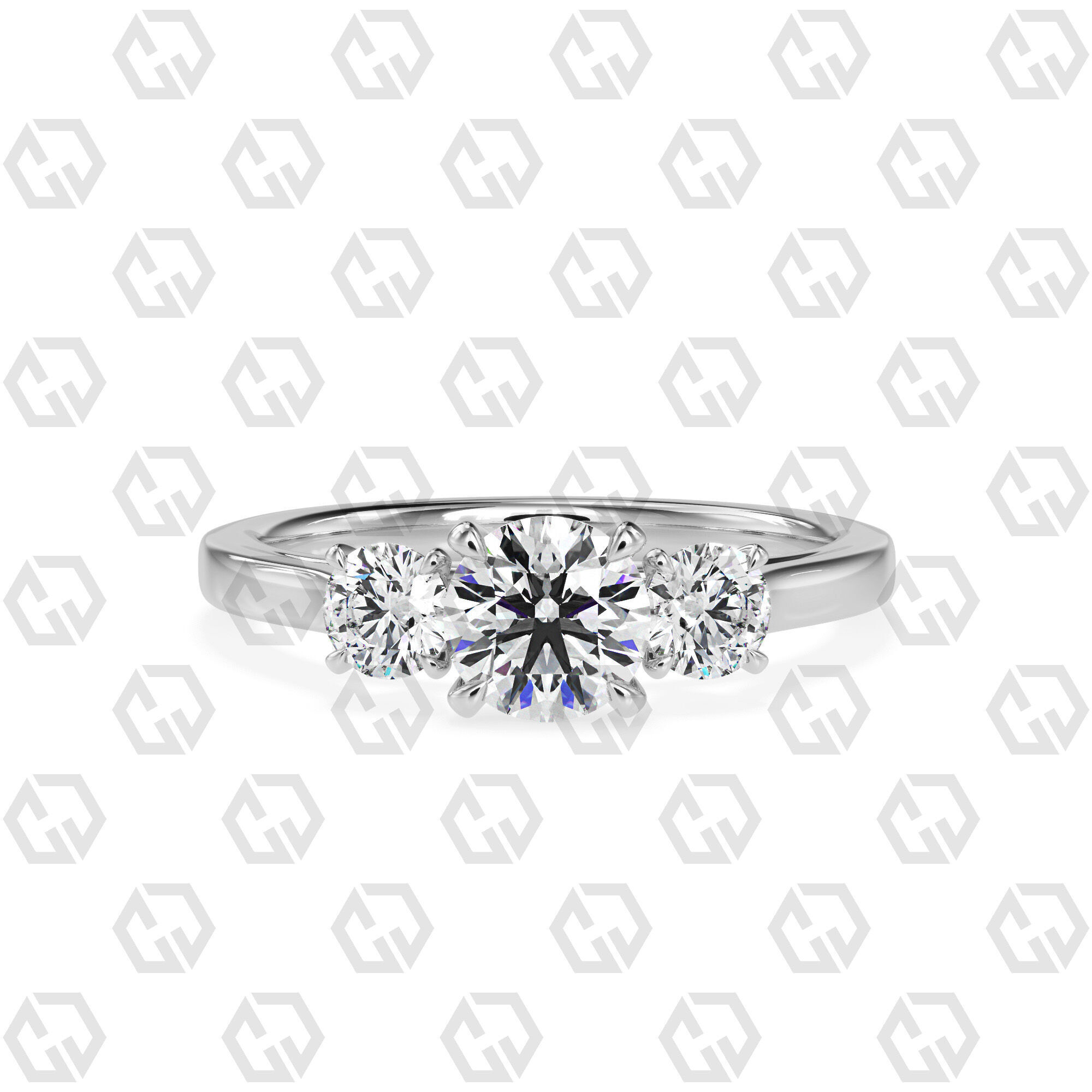 Ring 119 Round Shape Cathedral shank 3 stone ring with round 3D print model_7