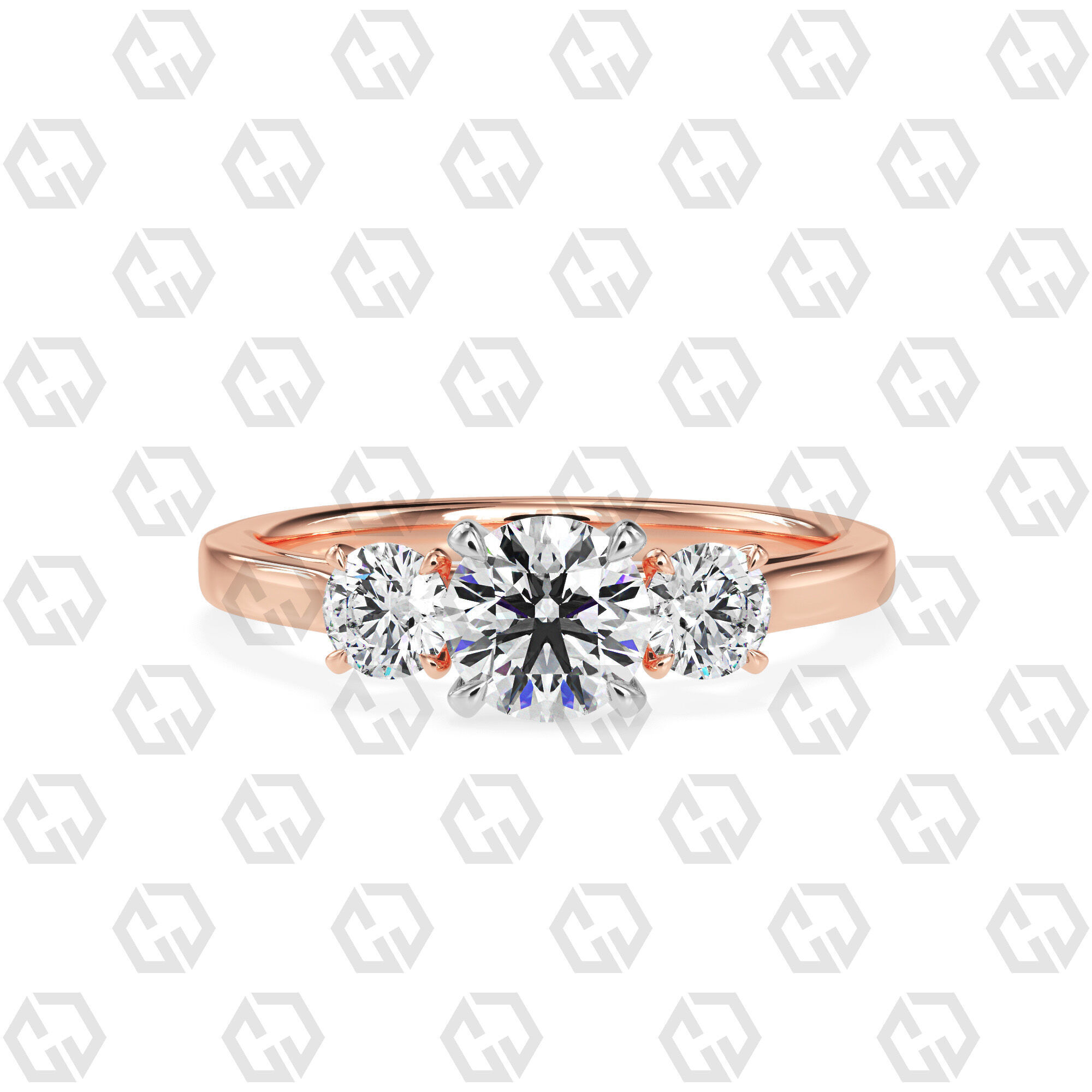 Ring 119 Round Shape Cathedral shank 3 stone ring with round 3D print model_5