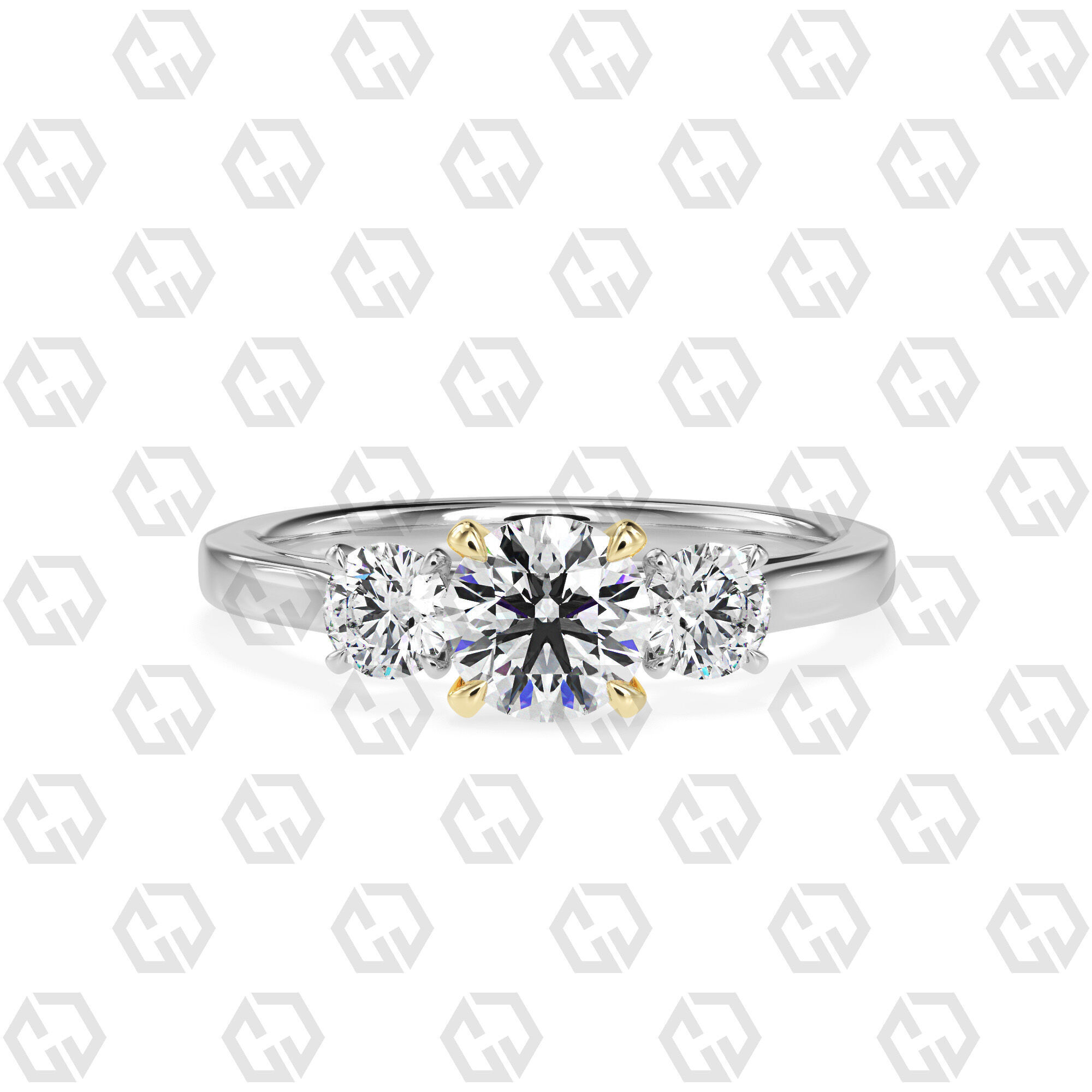 Ring 119 Round Shape Cathedral shank 3 stone ring with round 3D print model_11