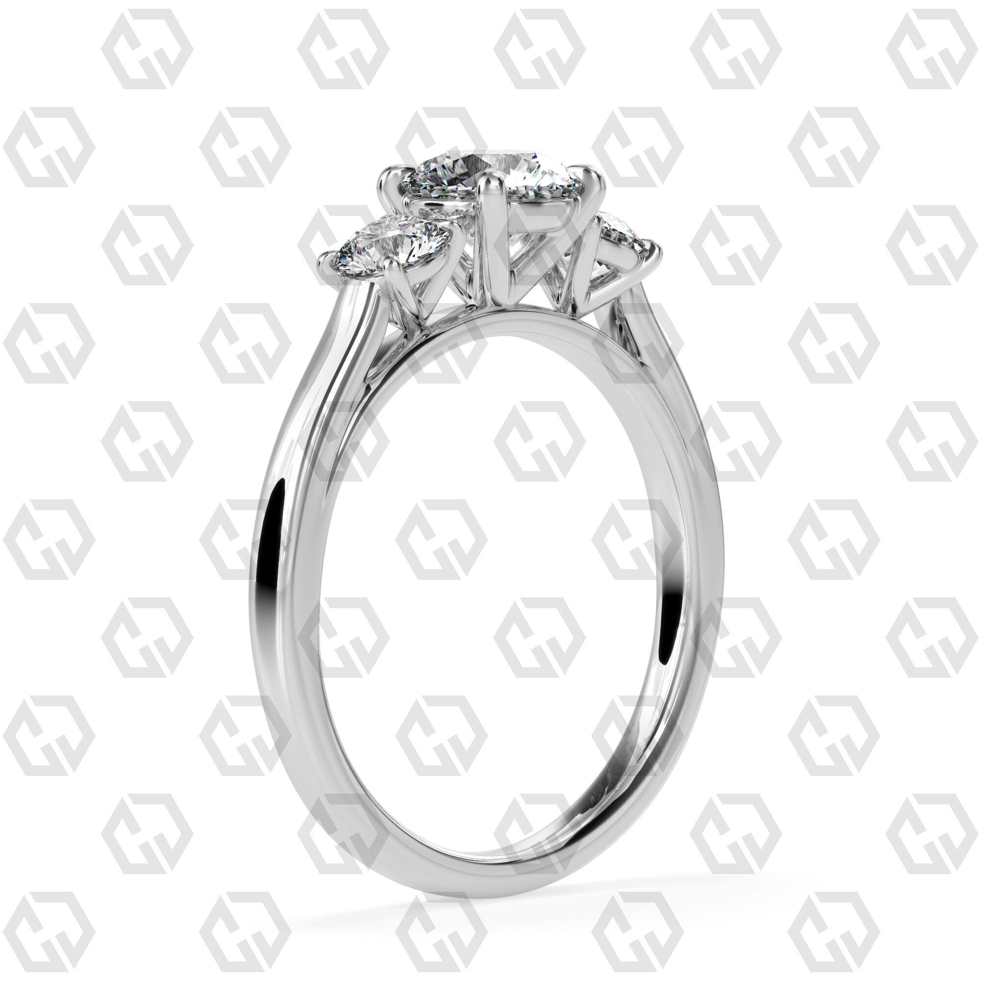 Ring 119 Round Shape Cathedral shank 3 stone ring with round 3D print model_6