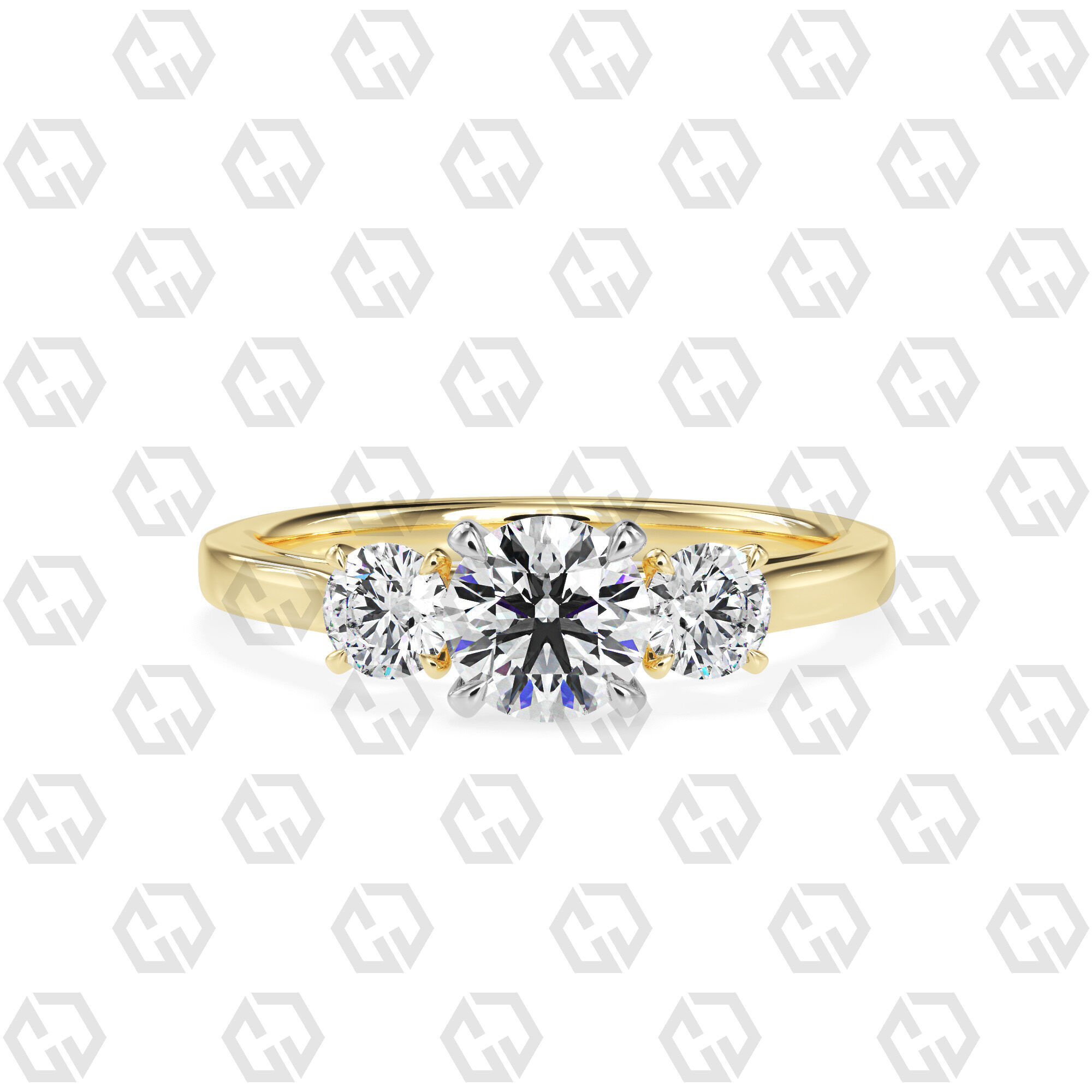 Ring 119 Round Shape Cathedral shank 3 stone ring with round 3D print model_9