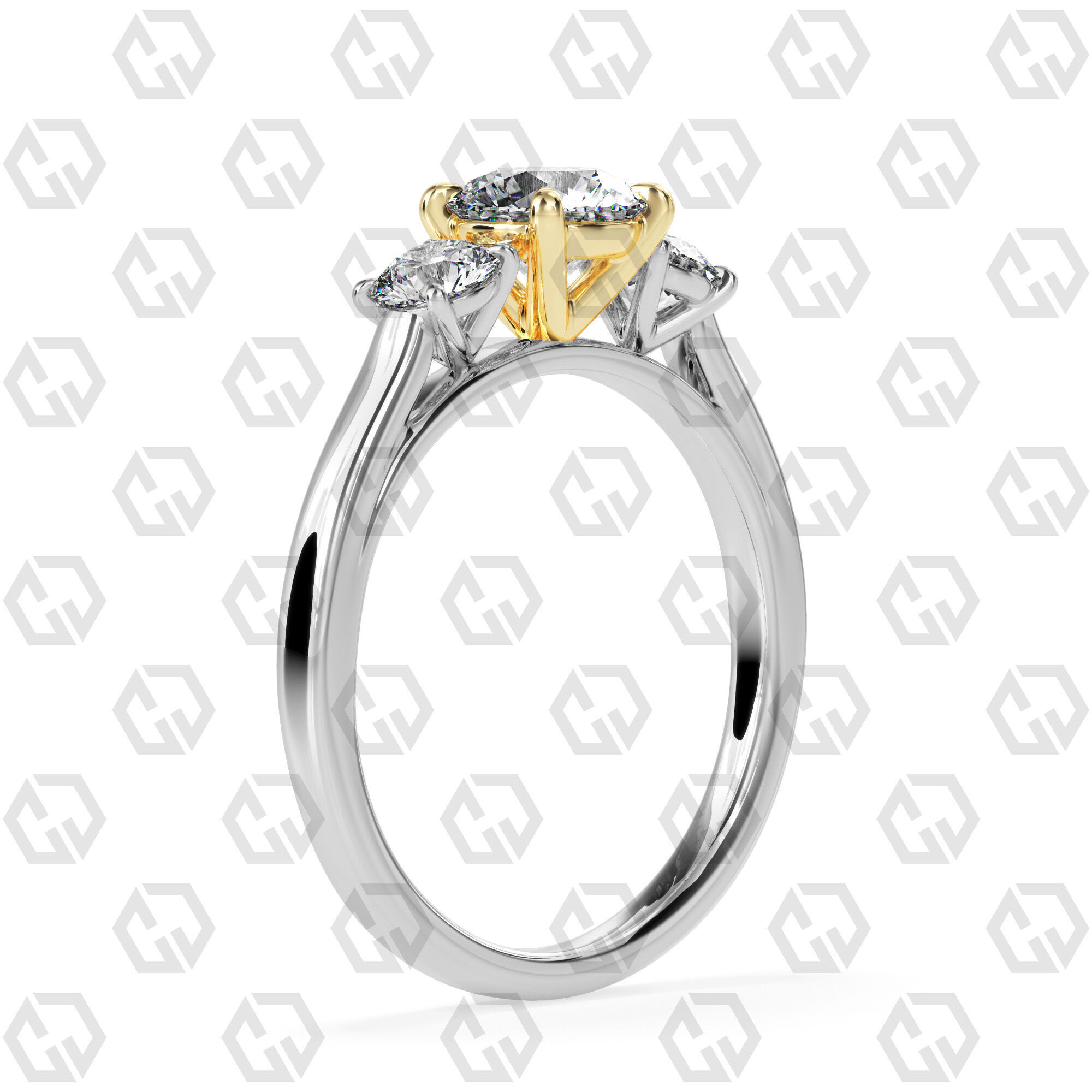 Ring 119 Round Shape Cathedral shank 3 stone ring with round 3D print model_10