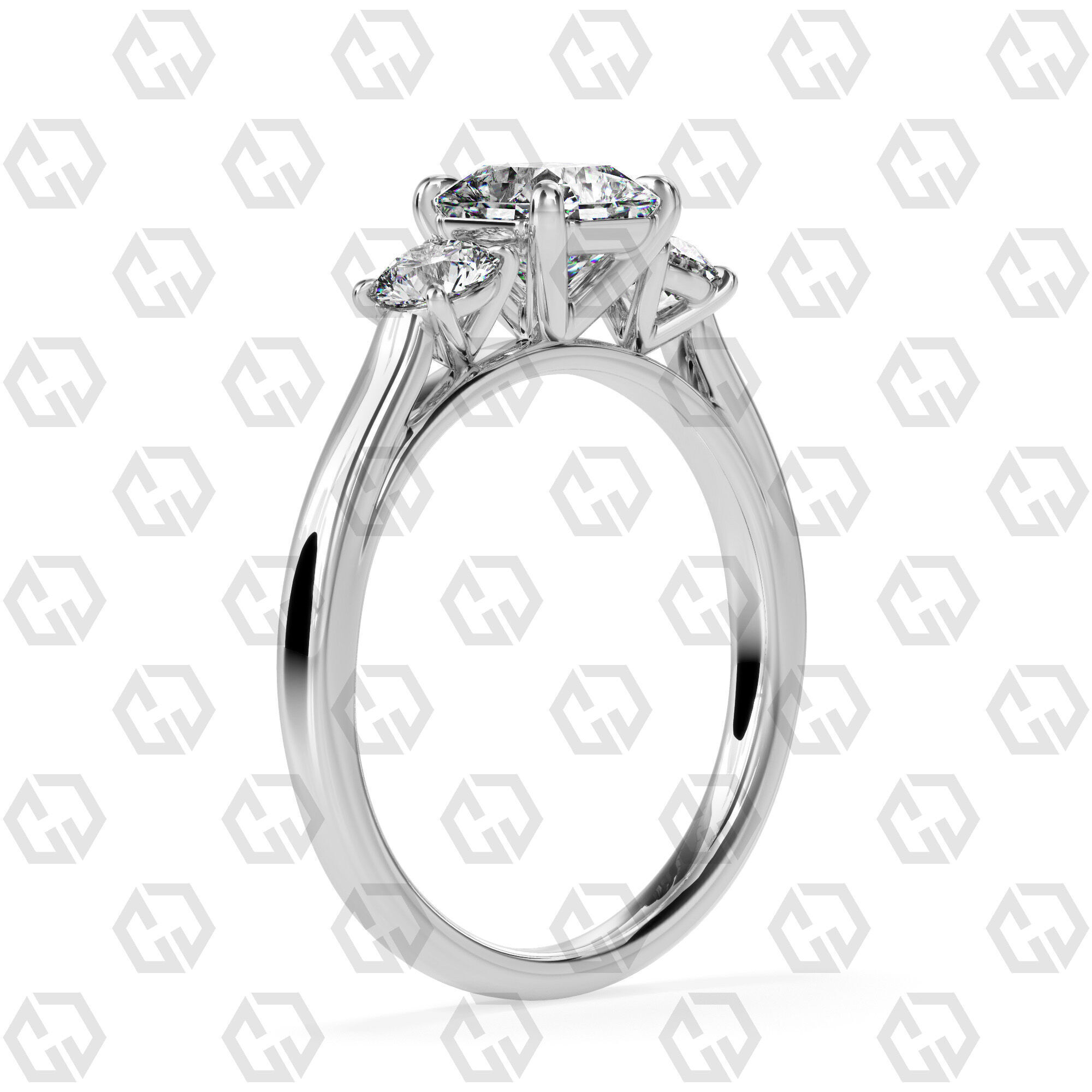 Ring 120 Radiant Shape Cathedral shank 3 stone ring with round 3D print model_6