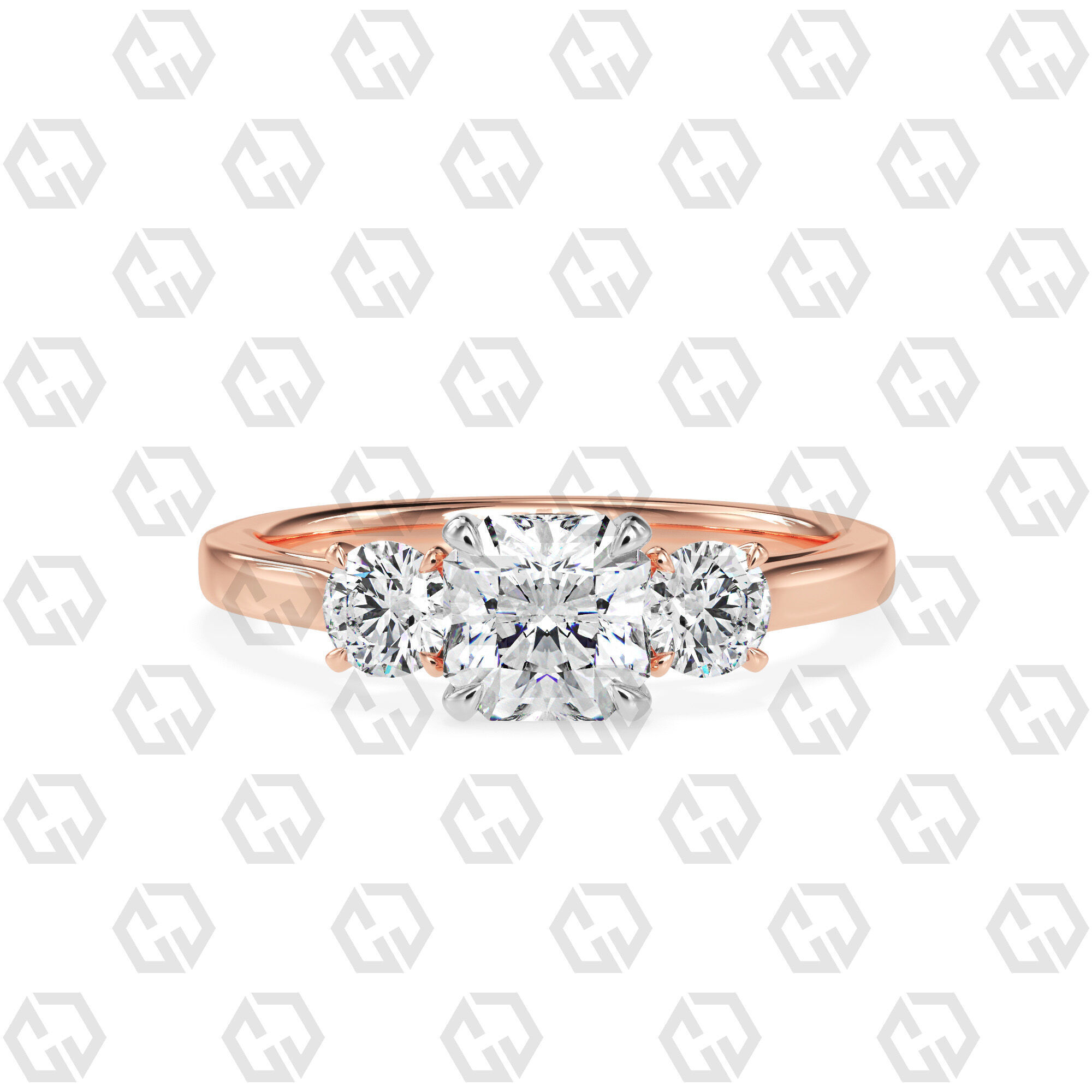 Ring 120 Radiant Shape Cathedral shank 3 stone ring with round 3D print model_5