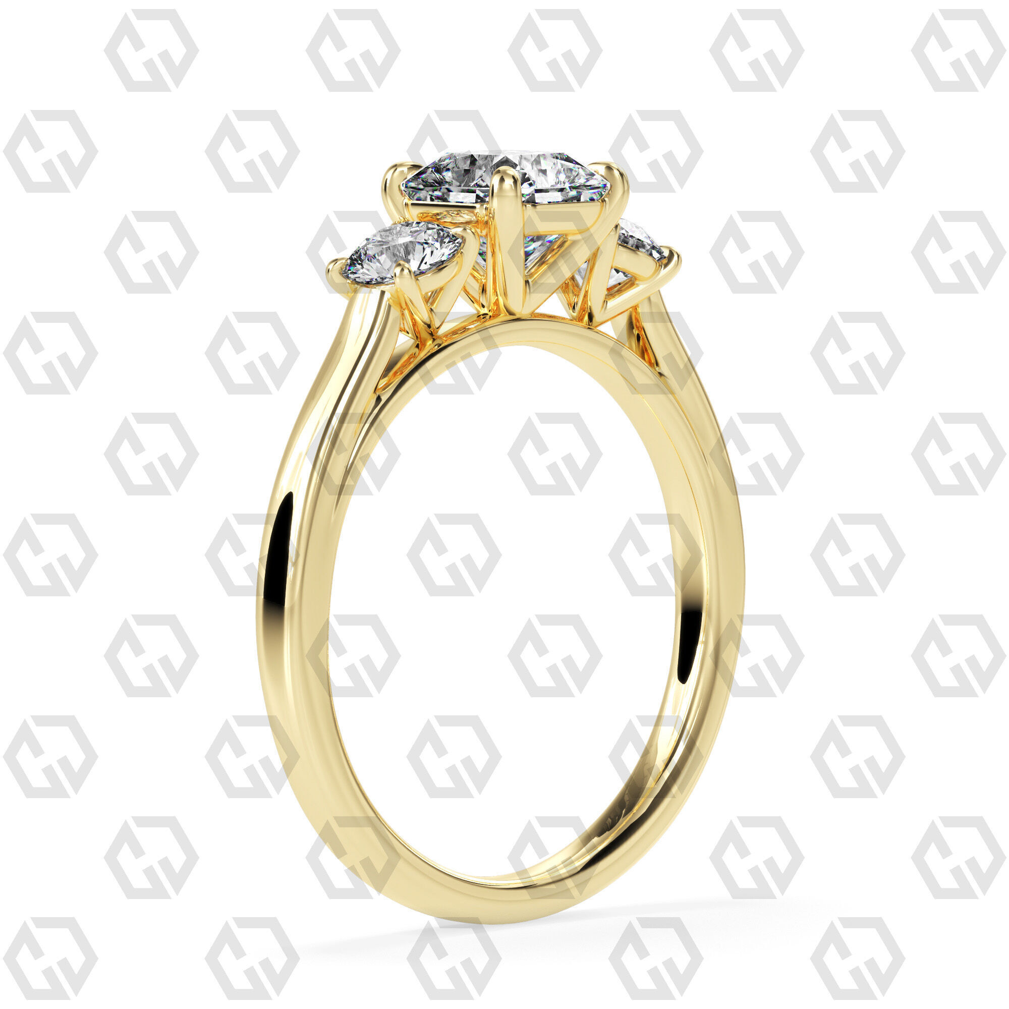 Ring 120 Radiant Shape Cathedral shank 3 stone ring with round 3D print model_12