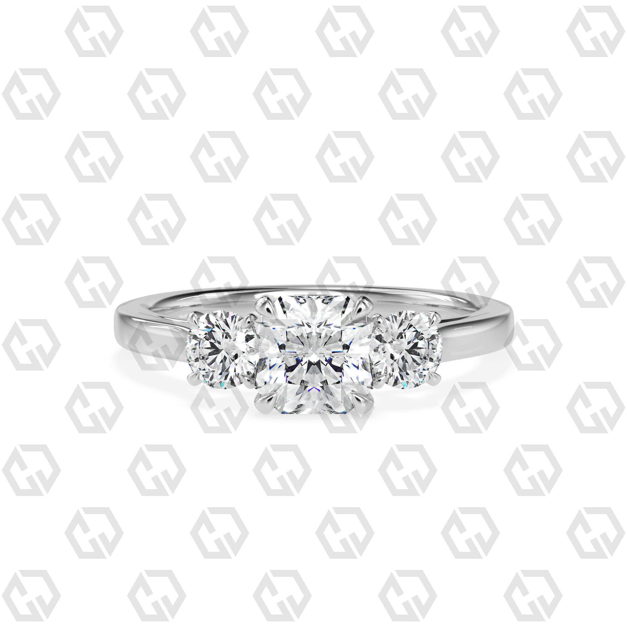 Ring 120 Radiant Shape Cathedral shank 3 stone ring with round 3D print model_7