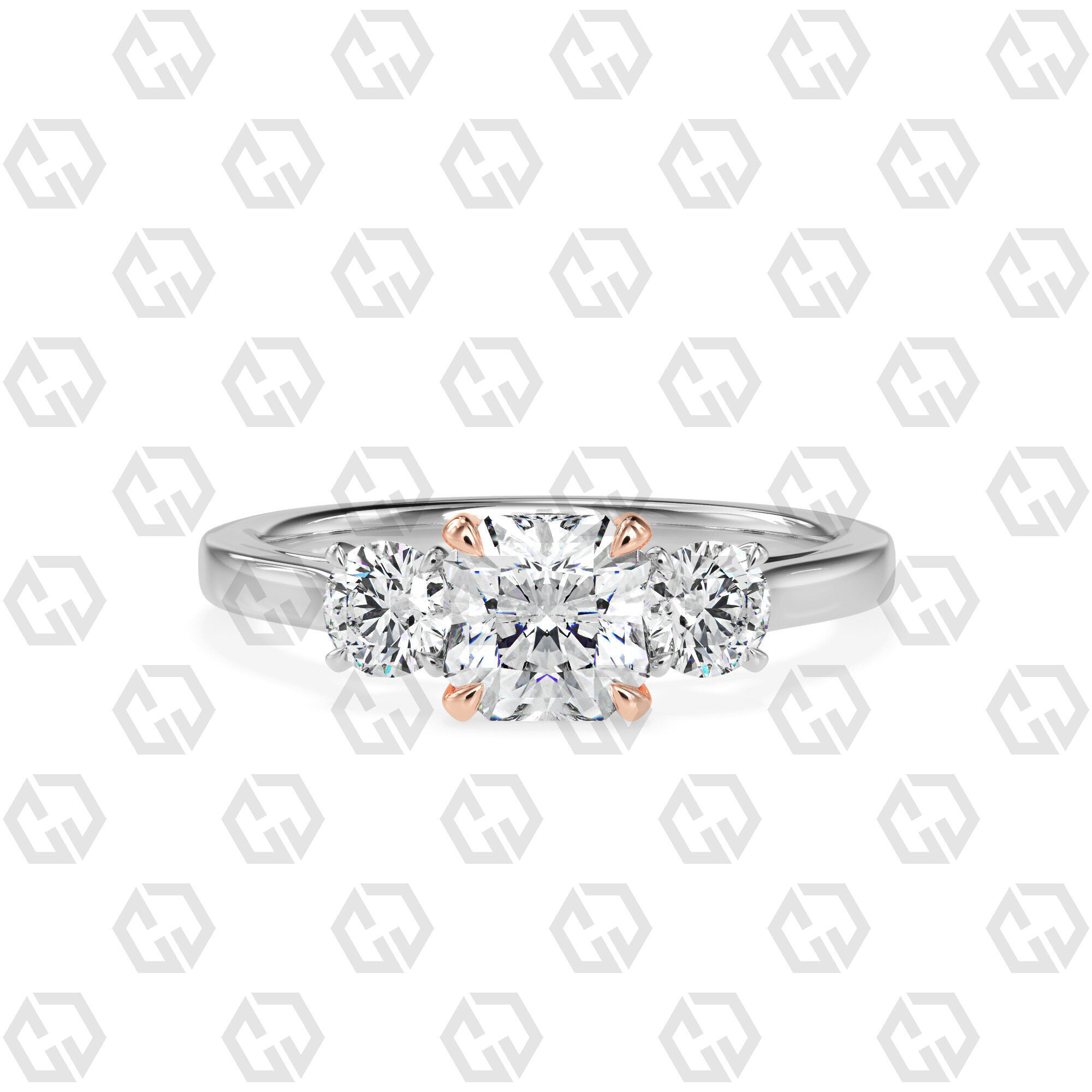 Ring 120 Radiant Shape Cathedral shank 3 stone ring with round 3D print model_3