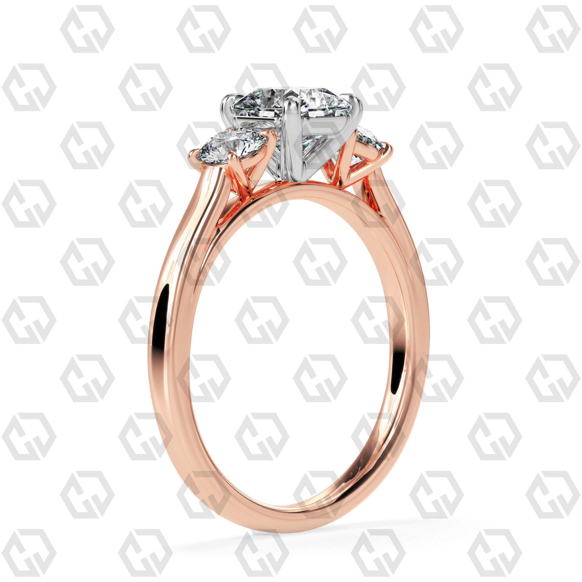 Ring 120 Radiant Shape Cathedral shank 3 stone ring with round 3D print model_4