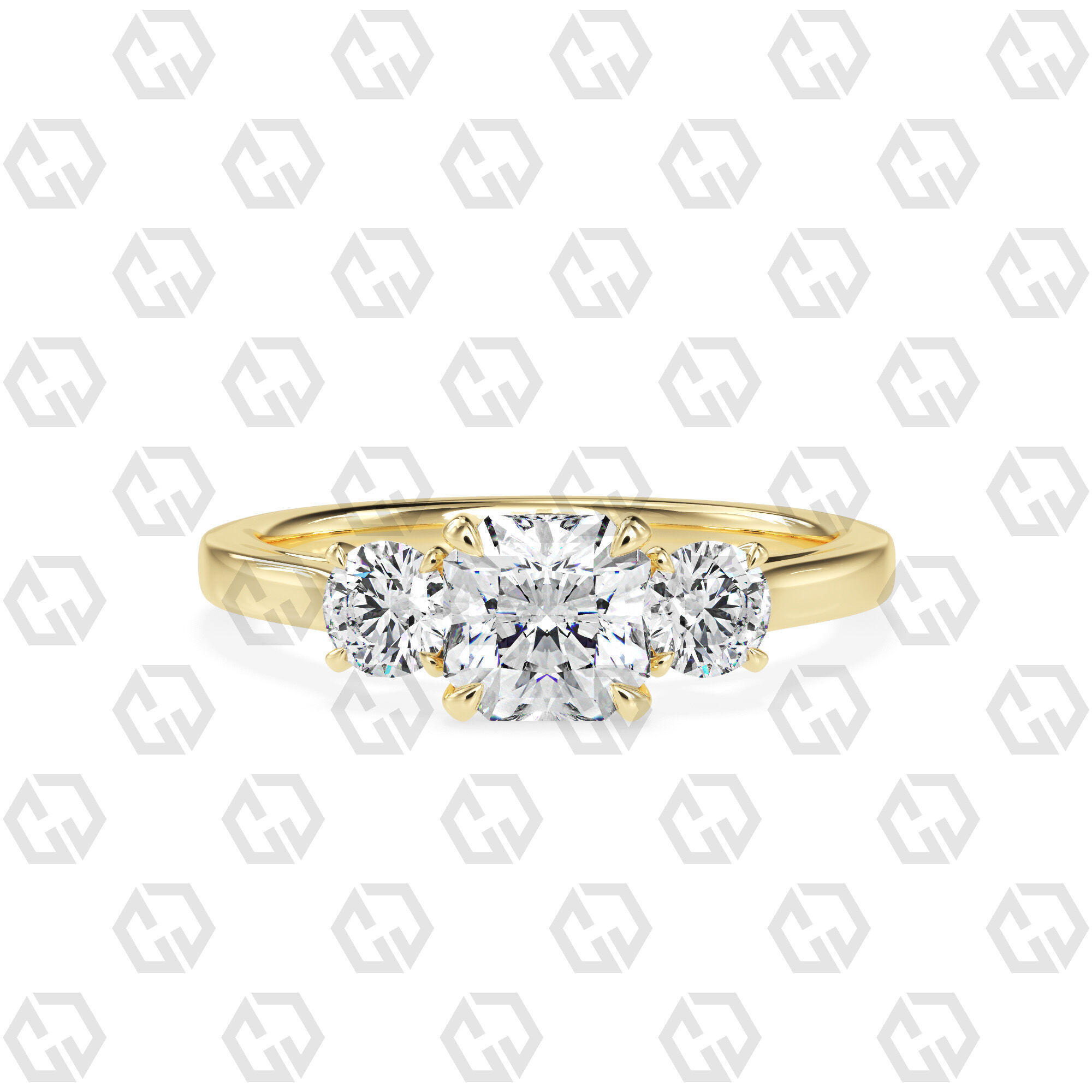 Ring 120 Radiant Shape Cathedral shank 3 stone ring with round 3D print model_13