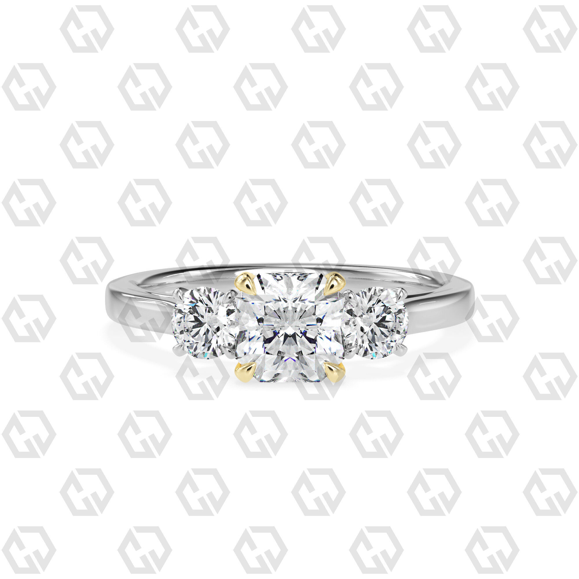 Ring 120 Radiant Shape Cathedral shank 3 stone ring with round 3D print model_11