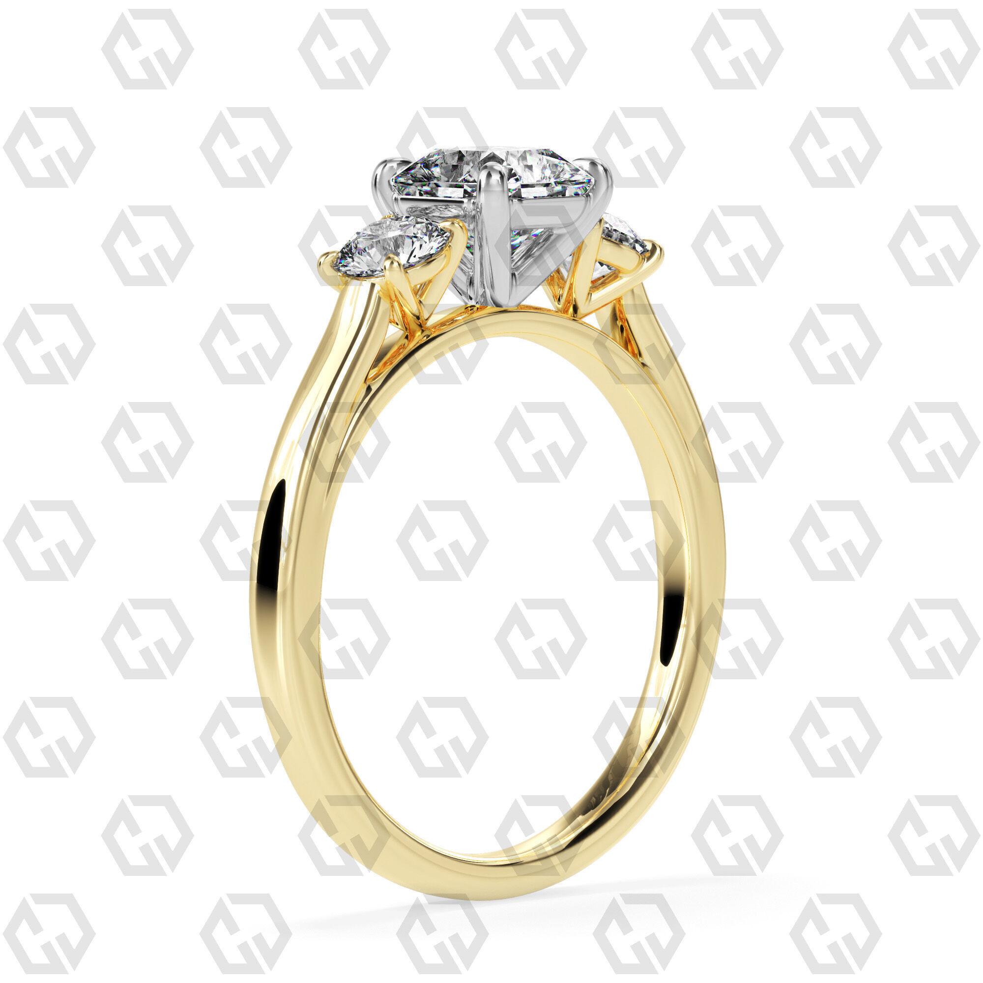 Ring 120 Radiant Shape Cathedral shank 3 stone ring with round 3D print model_8