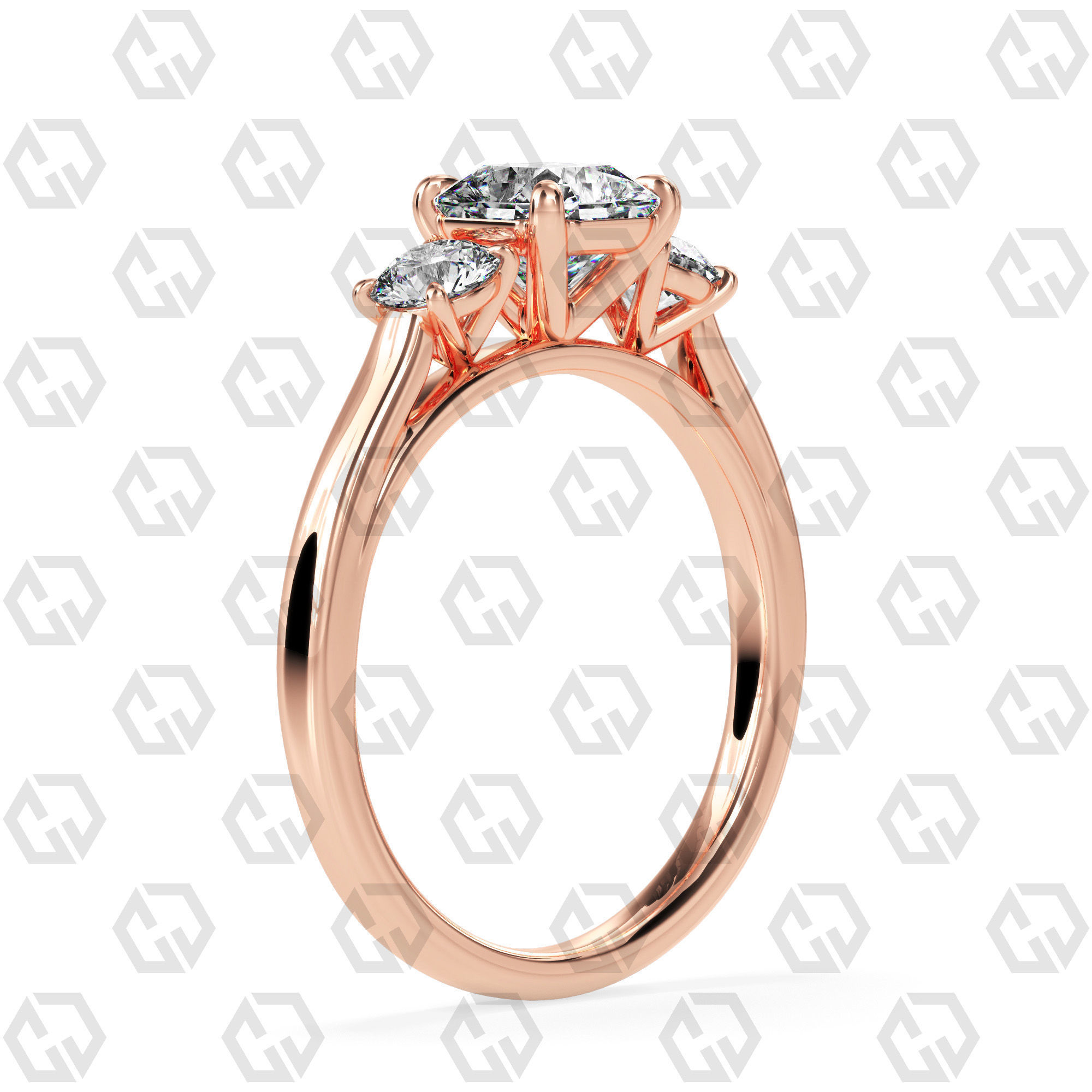 Ring 120 Radiant Shape Cathedral shank 3 stone ring with round 3D print model_1