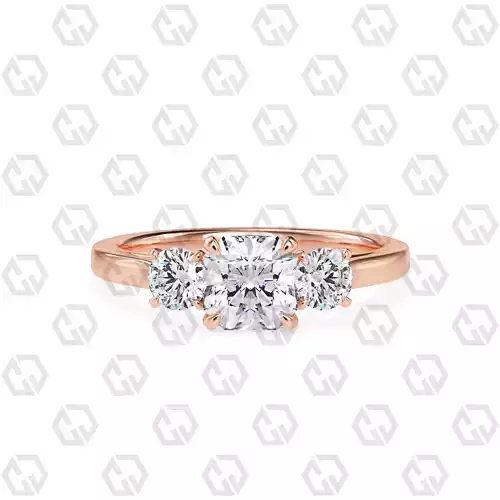 Ring 120 Radiant Shape Cathedral shank 3 stone ring with round