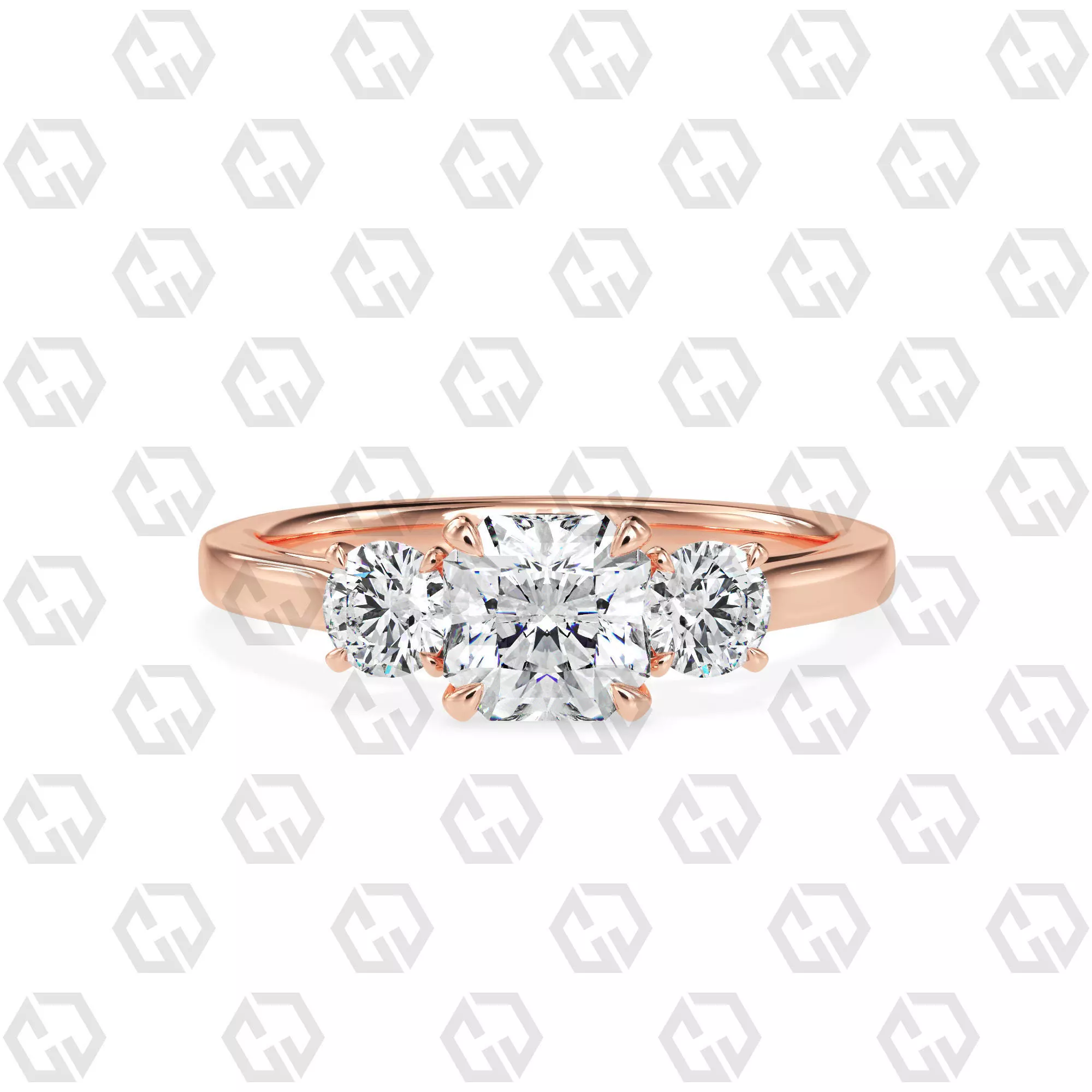 Ring 120 Radiant Shape Cathedral shank 3 stone ring with round 3D print model_0