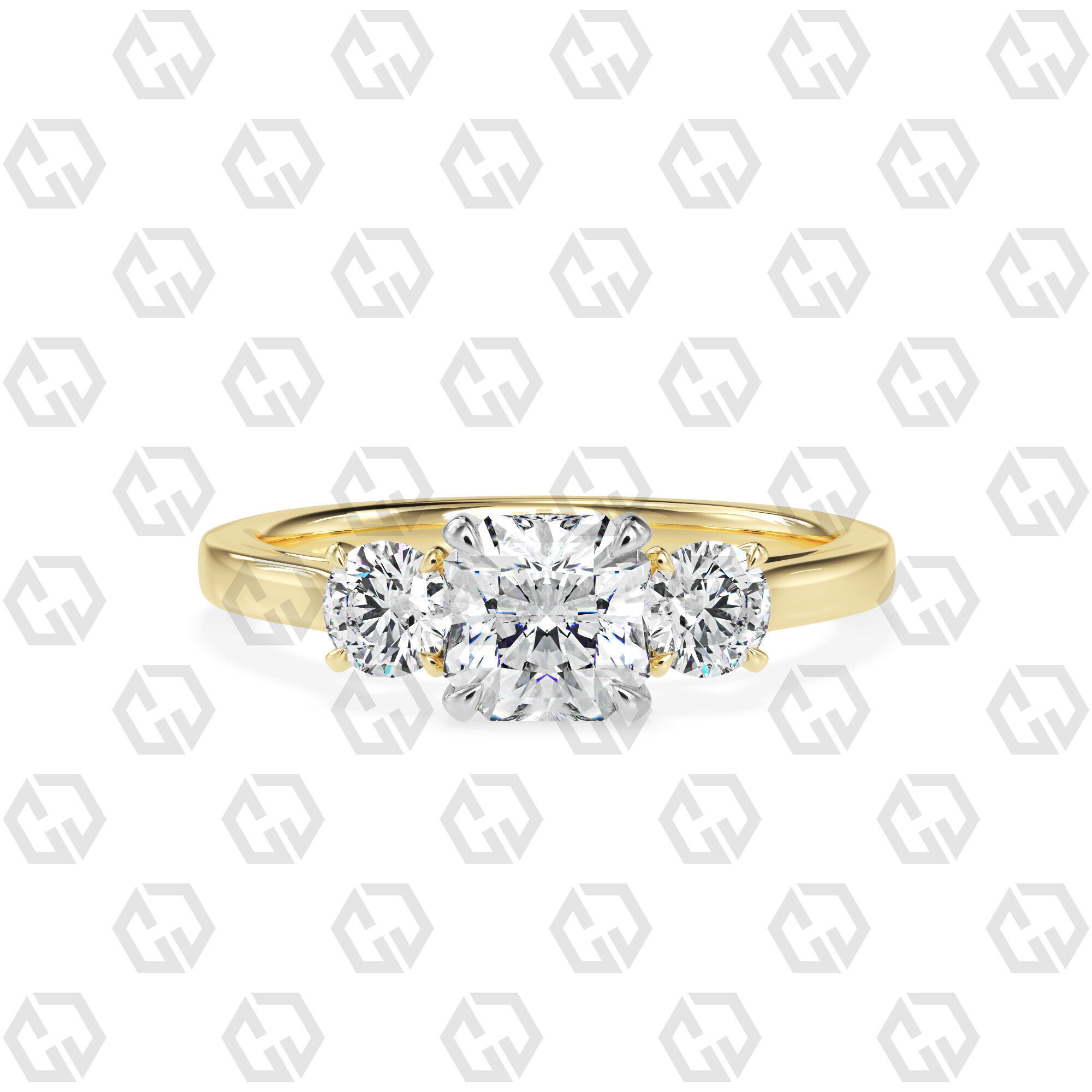 Ring 120 Radiant Shape Cathedral shank 3 stone ring with round 3D print model_9