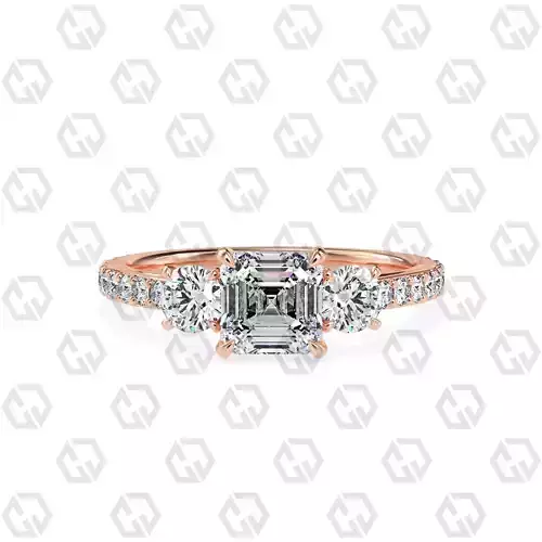 Ring 121 Asscher cathedral pave set shank 3 stone ring 