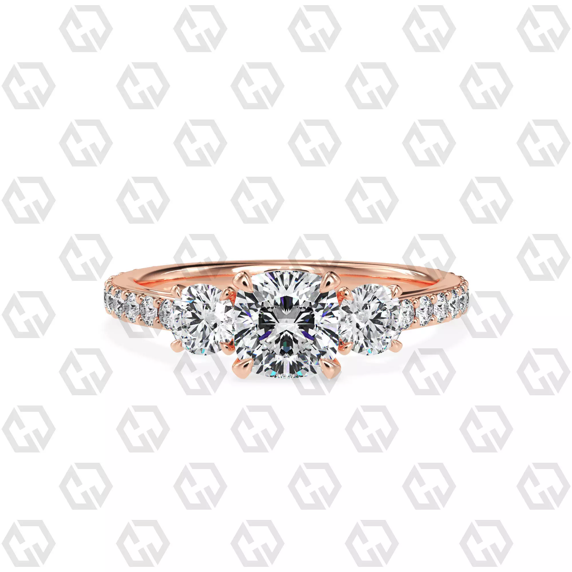 Ring 122 Cushion cathedral pave set shank 3 stone ring 3D print model