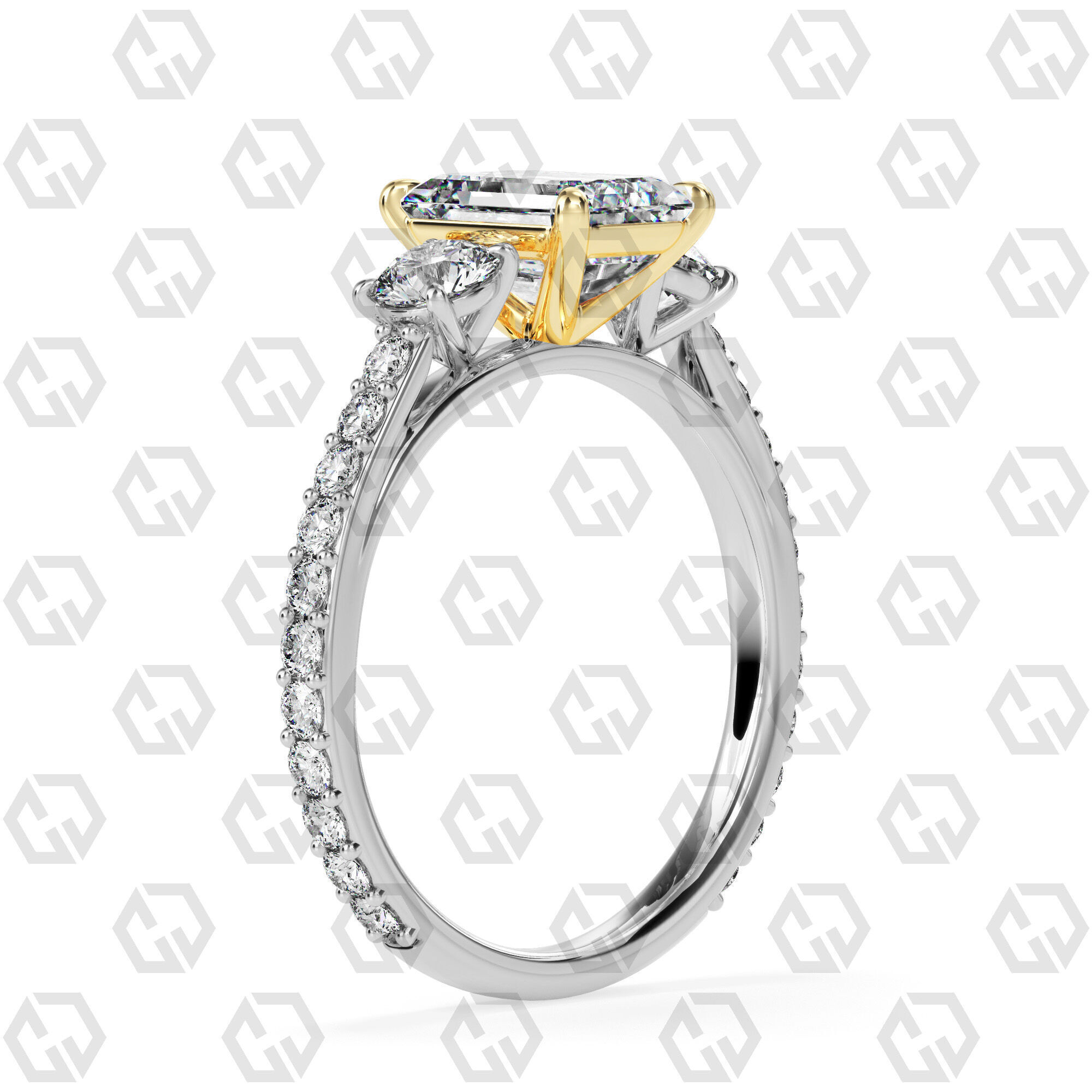 Ring 12Emerald cathedral pave set shank 3 stone ring 3D print model_10