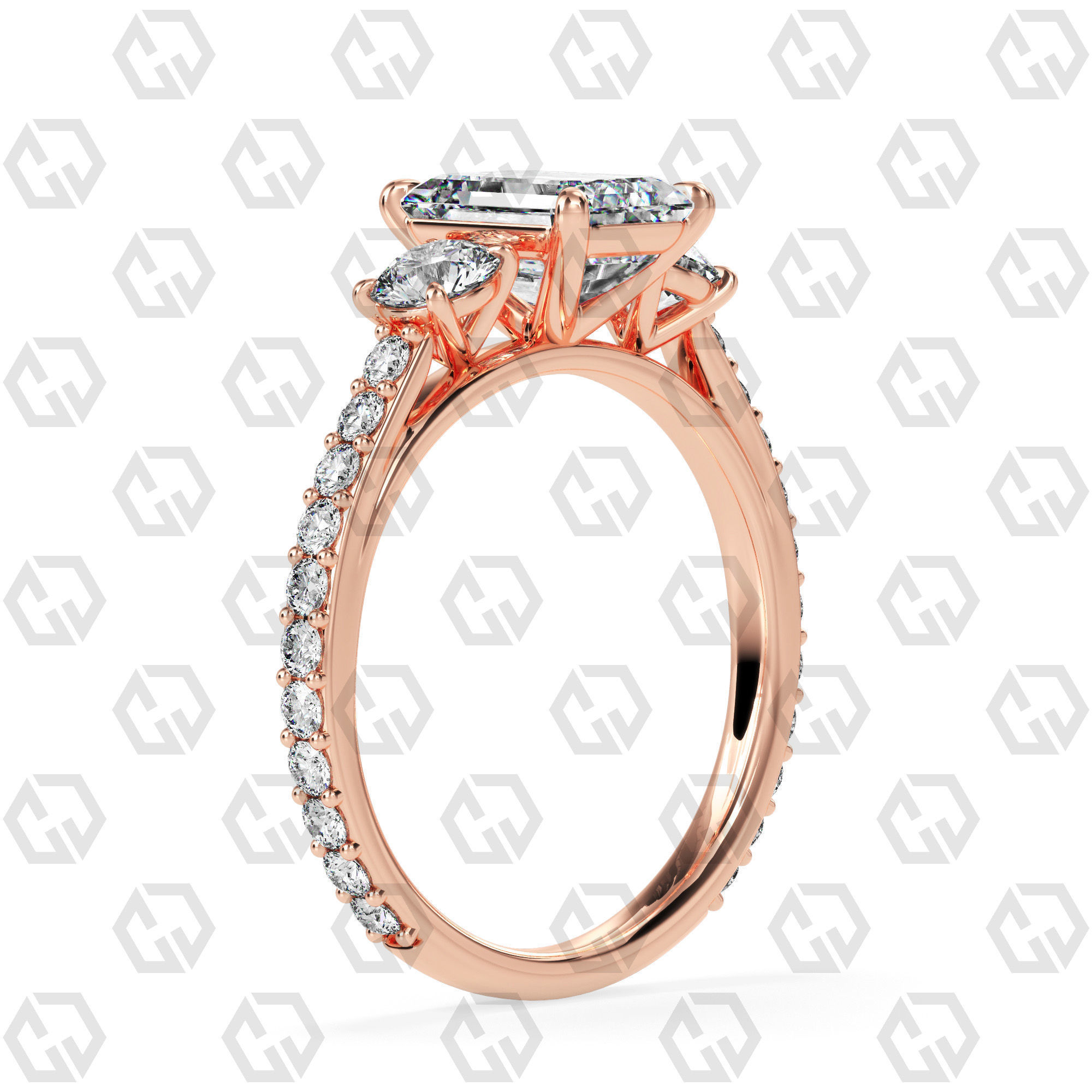 Ring 12Emerald cathedral pave set shank 3 stone ring 3D print model_1