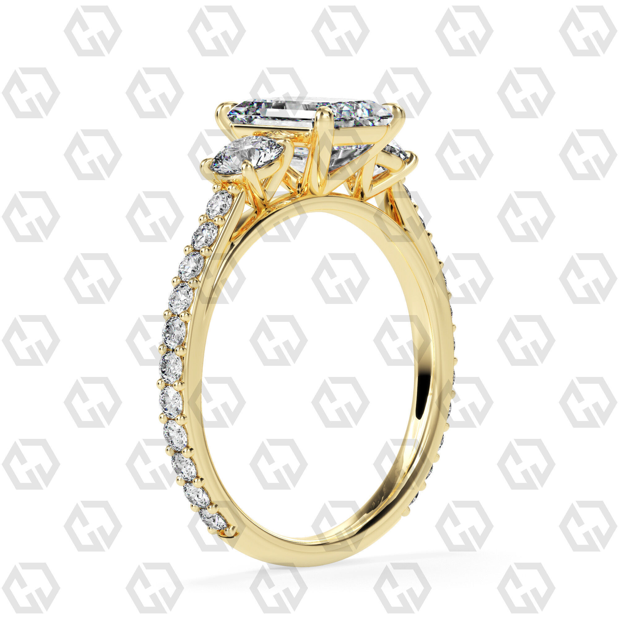 Ring 12Emerald cathedral pave set shank 3 stone ring 3D print model_12