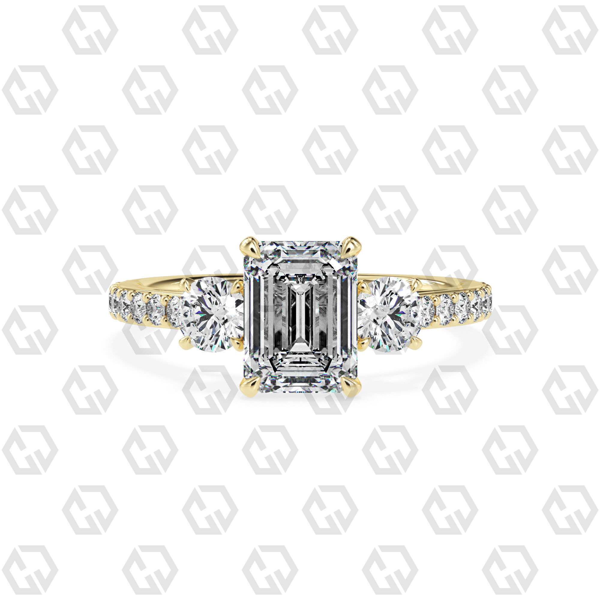 Ring 12Emerald cathedral pave set shank 3 stone ring 3D print model_13