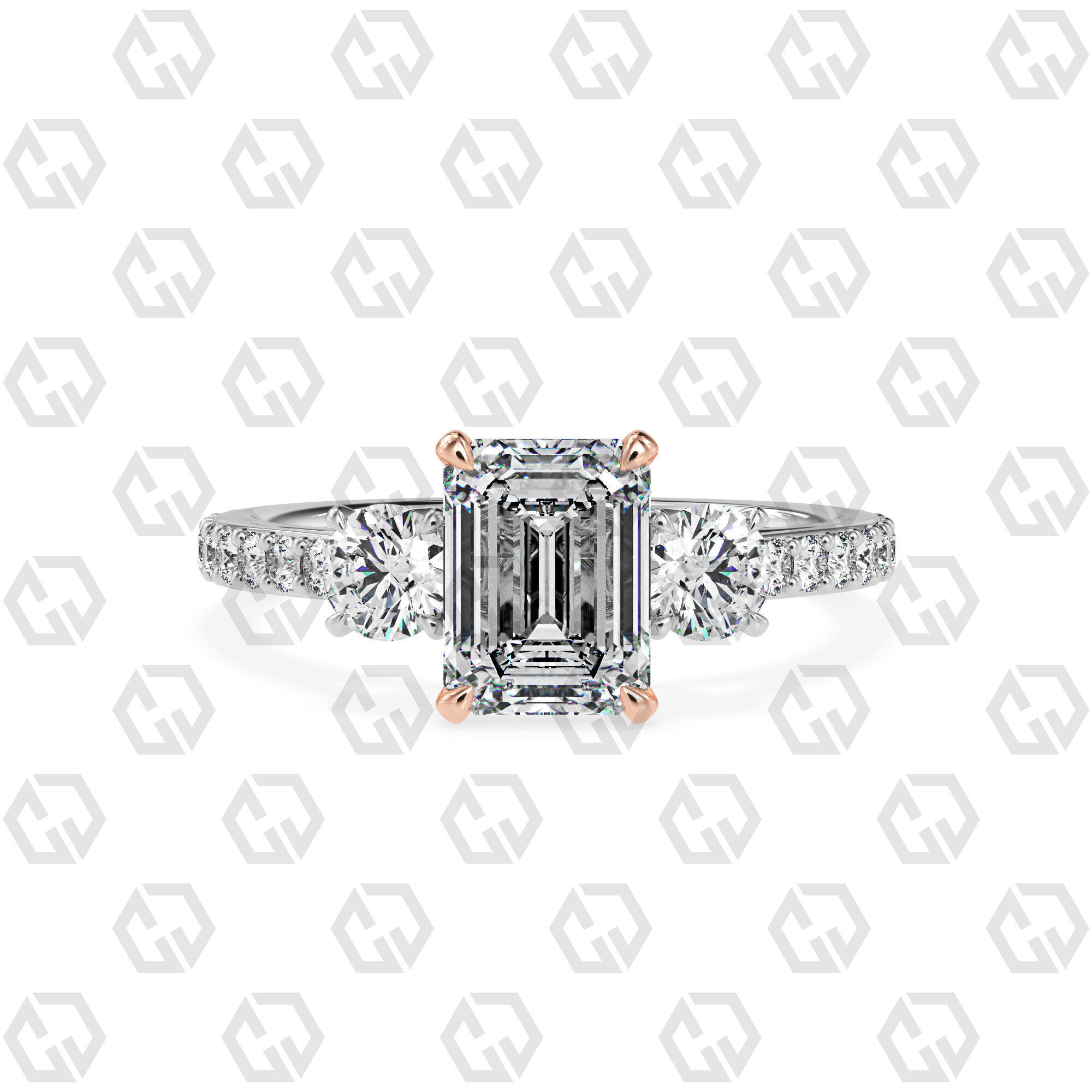 Ring 12Emerald cathedral pave set shank 3 stone ring 3D print model_3