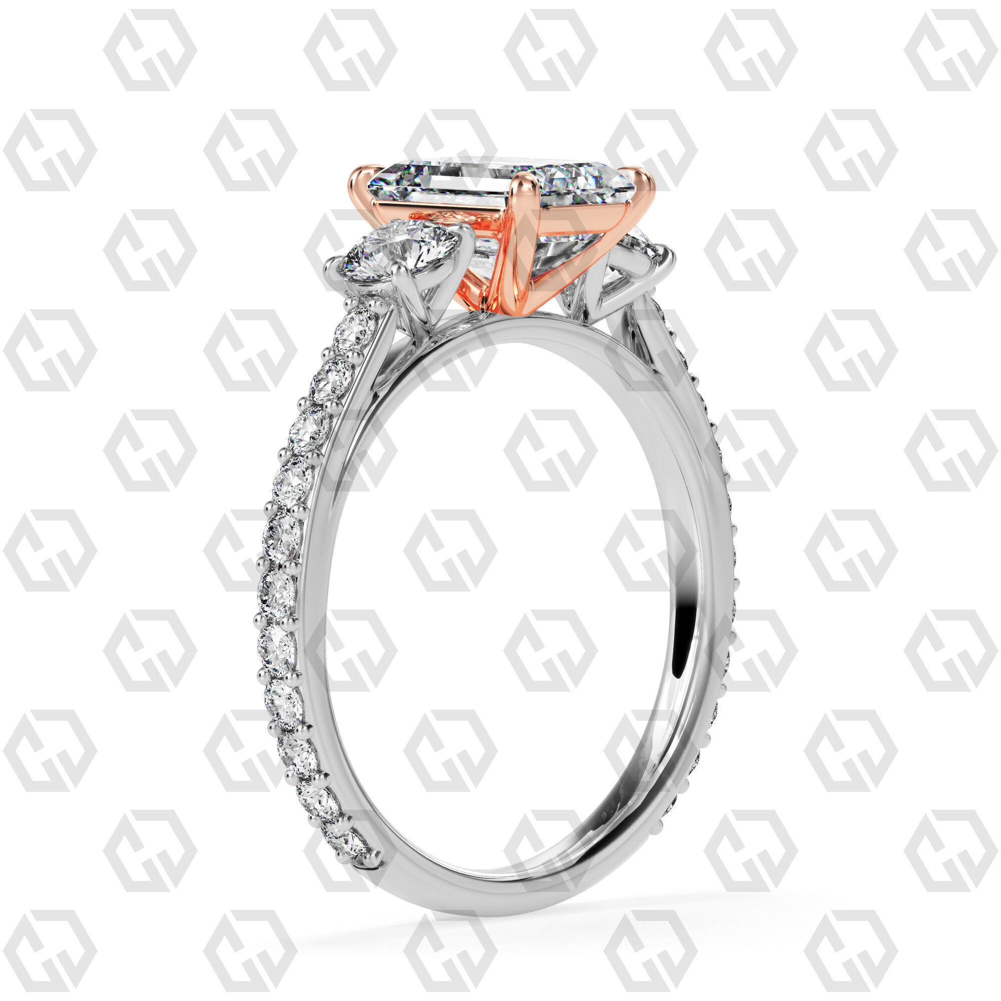 Ring 12Emerald cathedral pave set shank 3 stone ring 3D print model_2