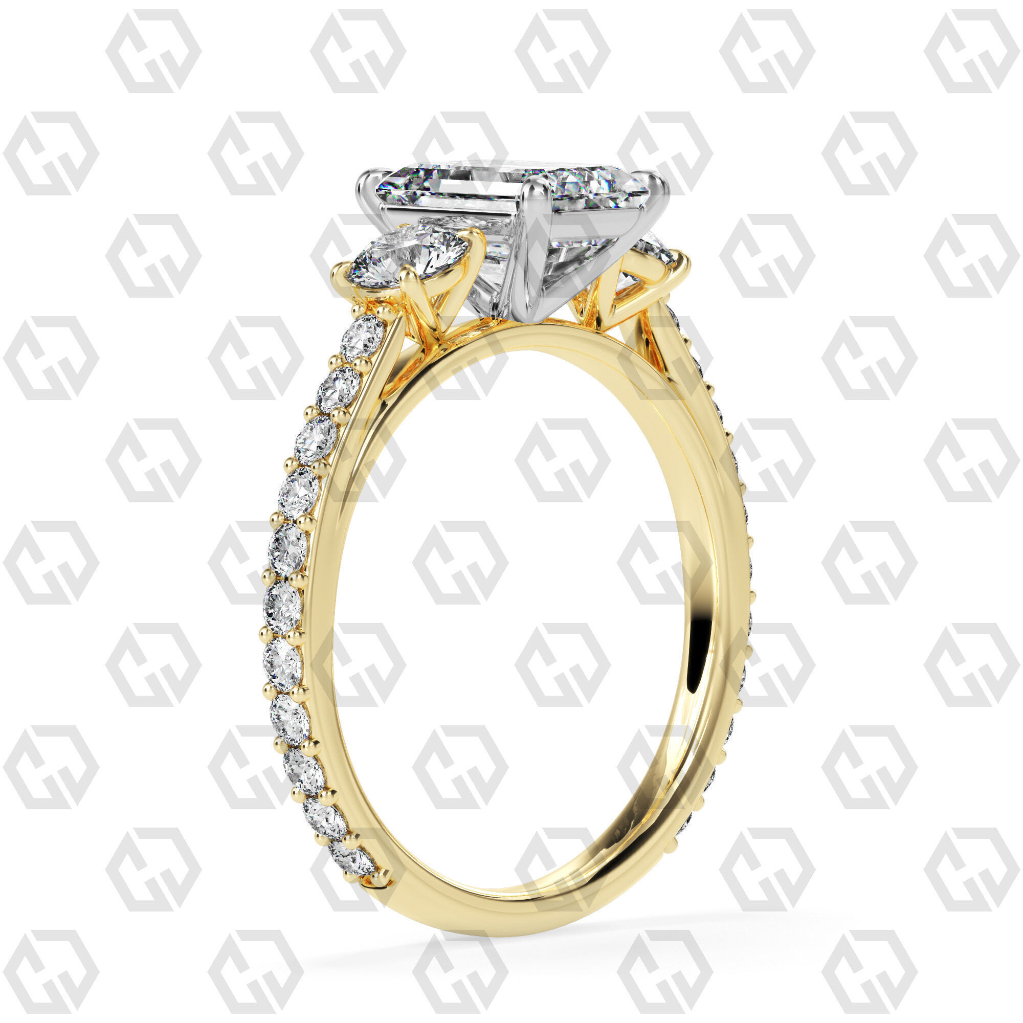 Ring 12Emerald cathedral pave set shank 3 stone ring 3D print model_8