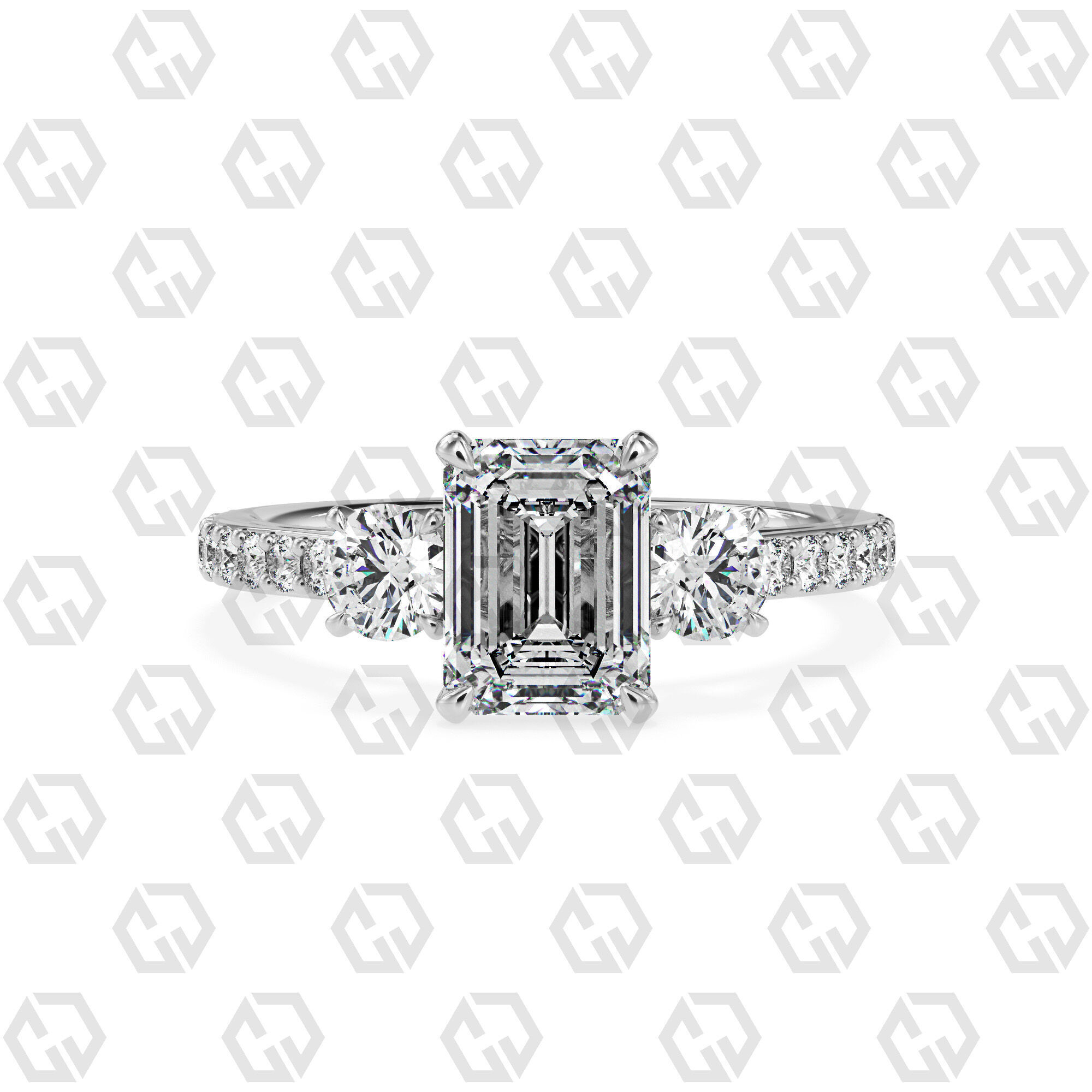 Ring 12Emerald cathedral pave set shank 3 stone ring 3D print model_7