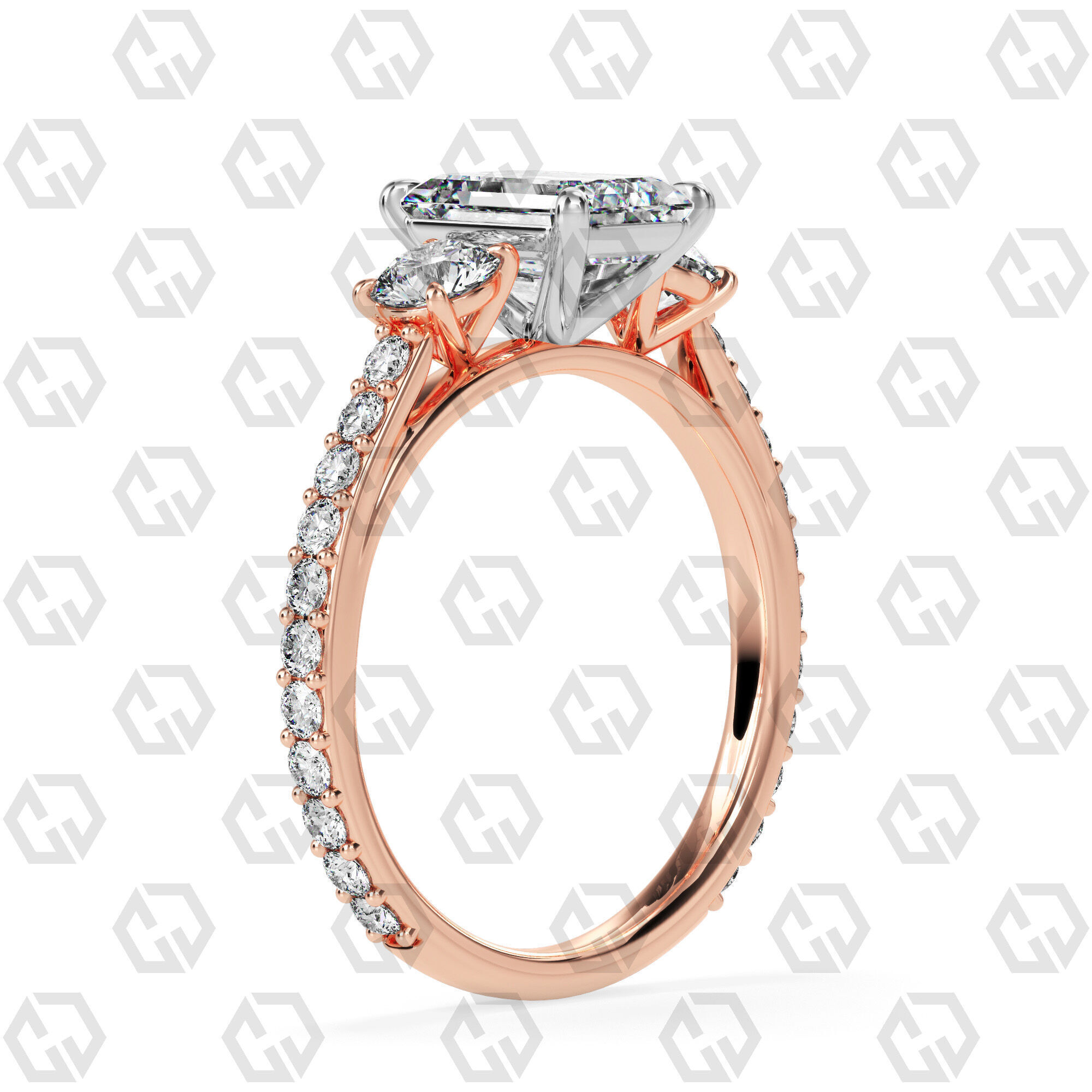 Ring 12Emerald cathedral pave set shank 3 stone ring 3D print model_4