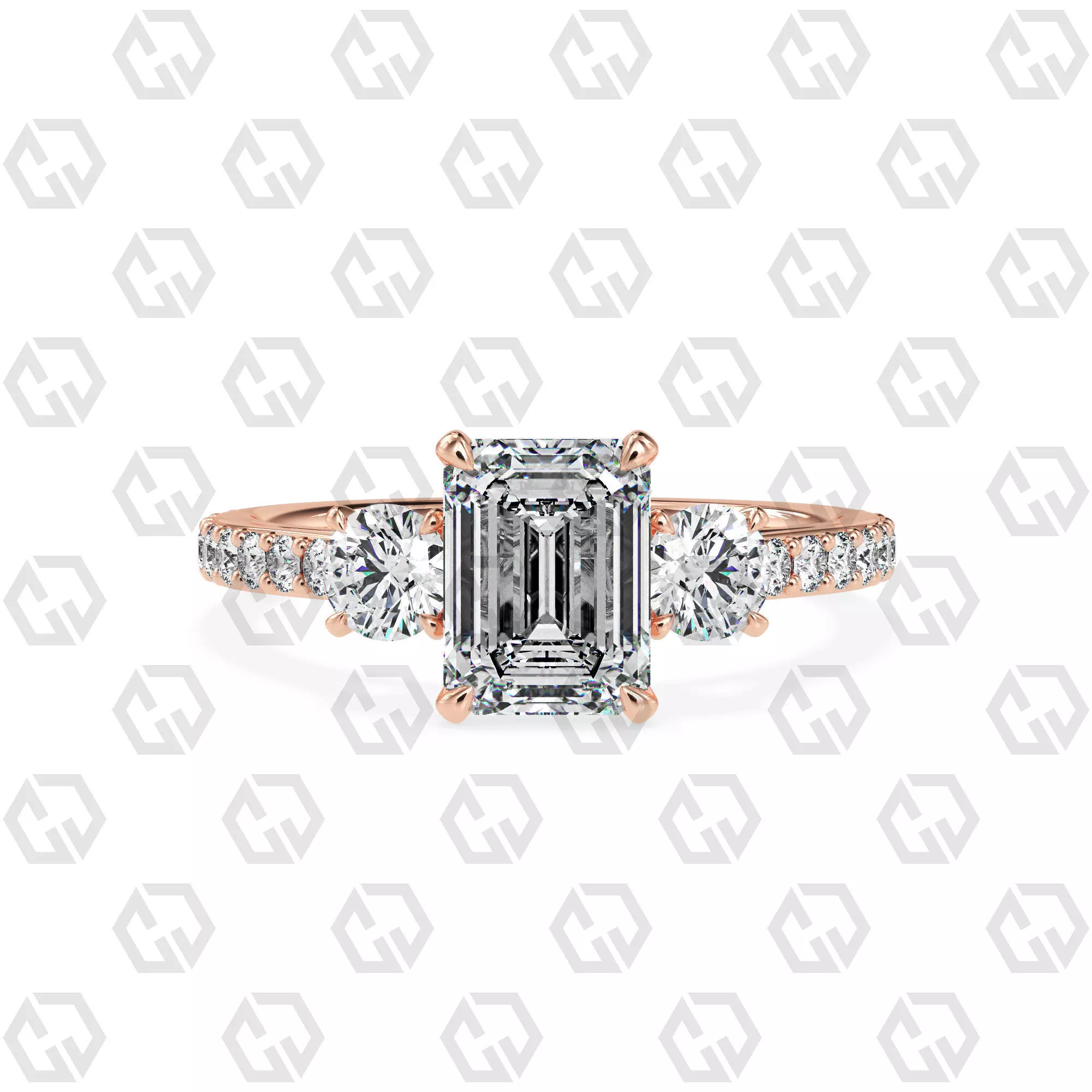 Ring 12Emerald cathedral pave set shank 3 stone ring 3D print model_0