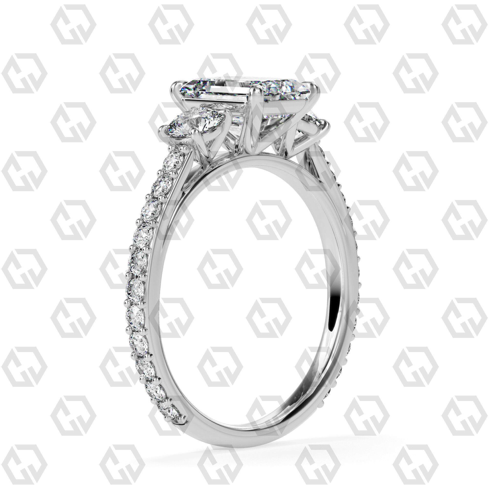 Ring 12Emerald cathedral pave set shank 3 stone ring 3D print model_6