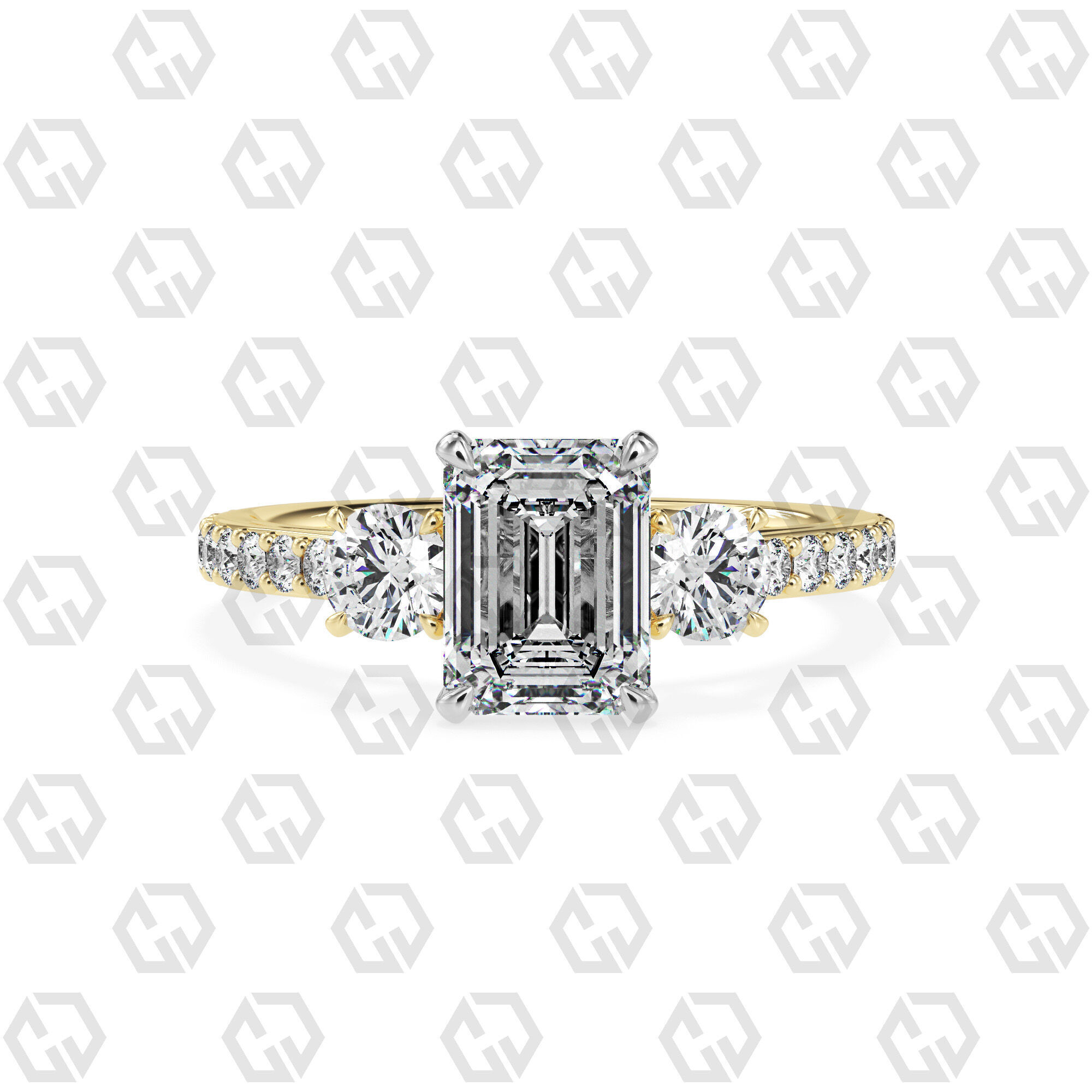 Ring 12Emerald cathedral pave set shank 3 stone ring 3D print model_9