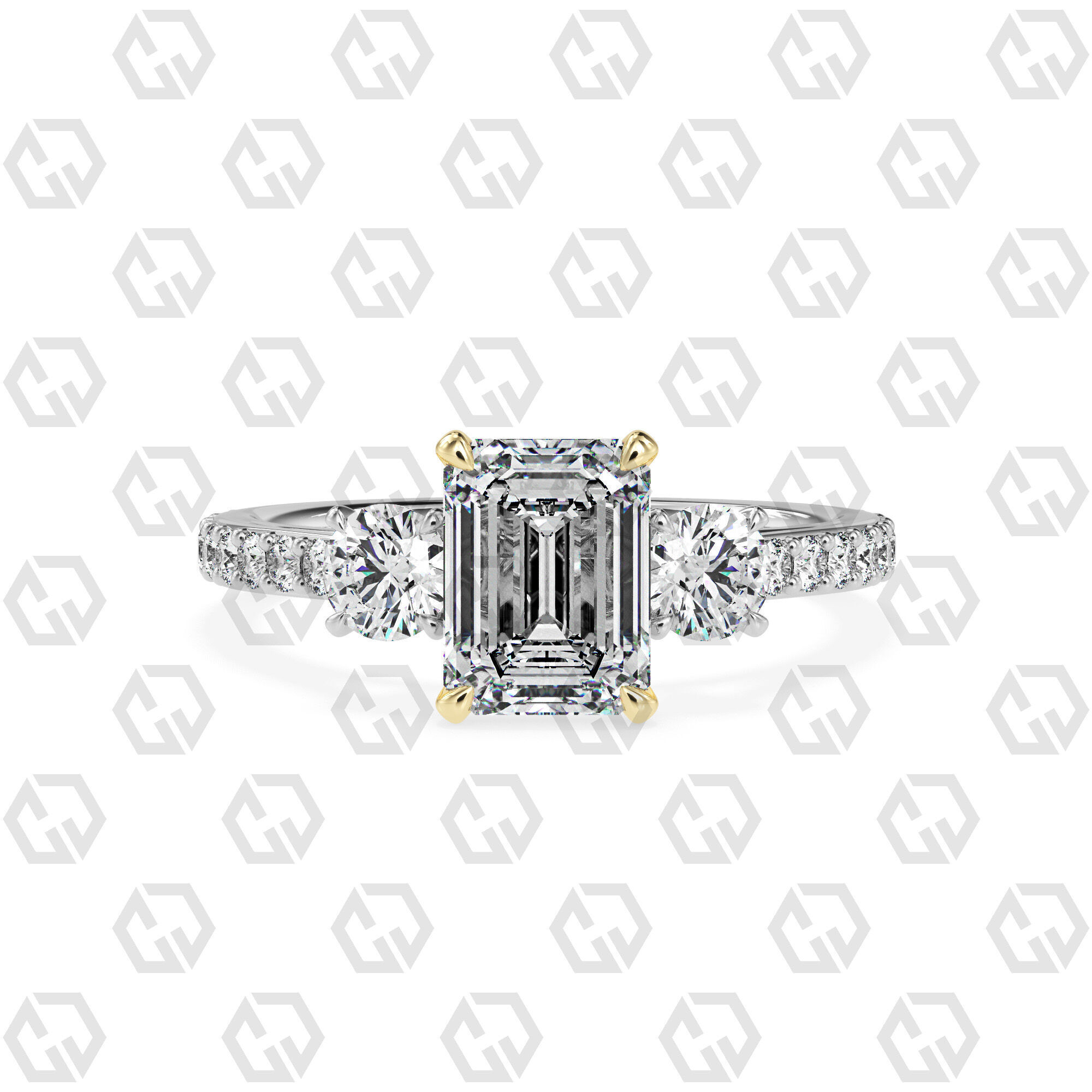 Ring 12Emerald cathedral pave set shank 3 stone ring 3D print model_11