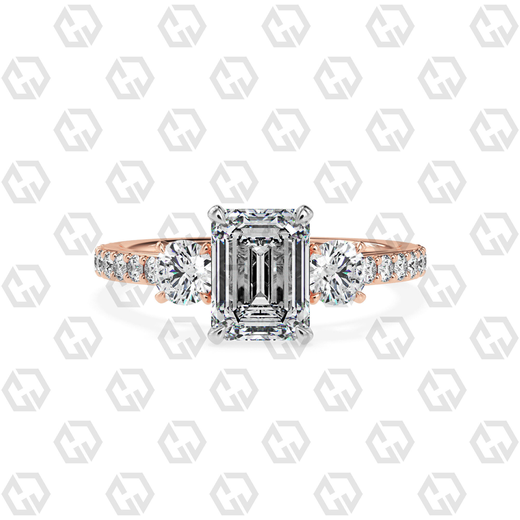 Ring 12Emerald cathedral pave set shank 3 stone ring 3D print model_5