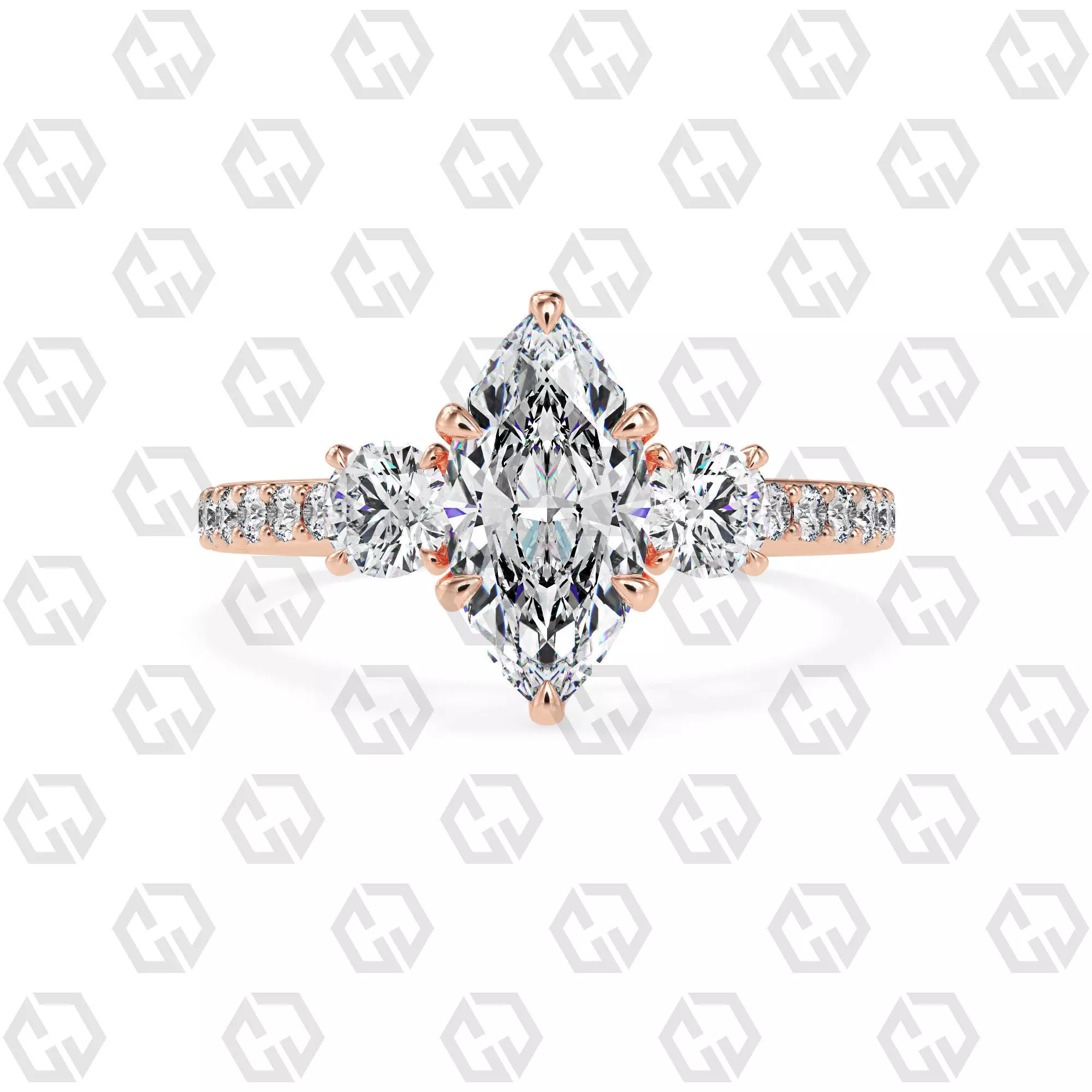 Ring 125 Marquise cathedral pave set shank 3 stone ring 3D print model