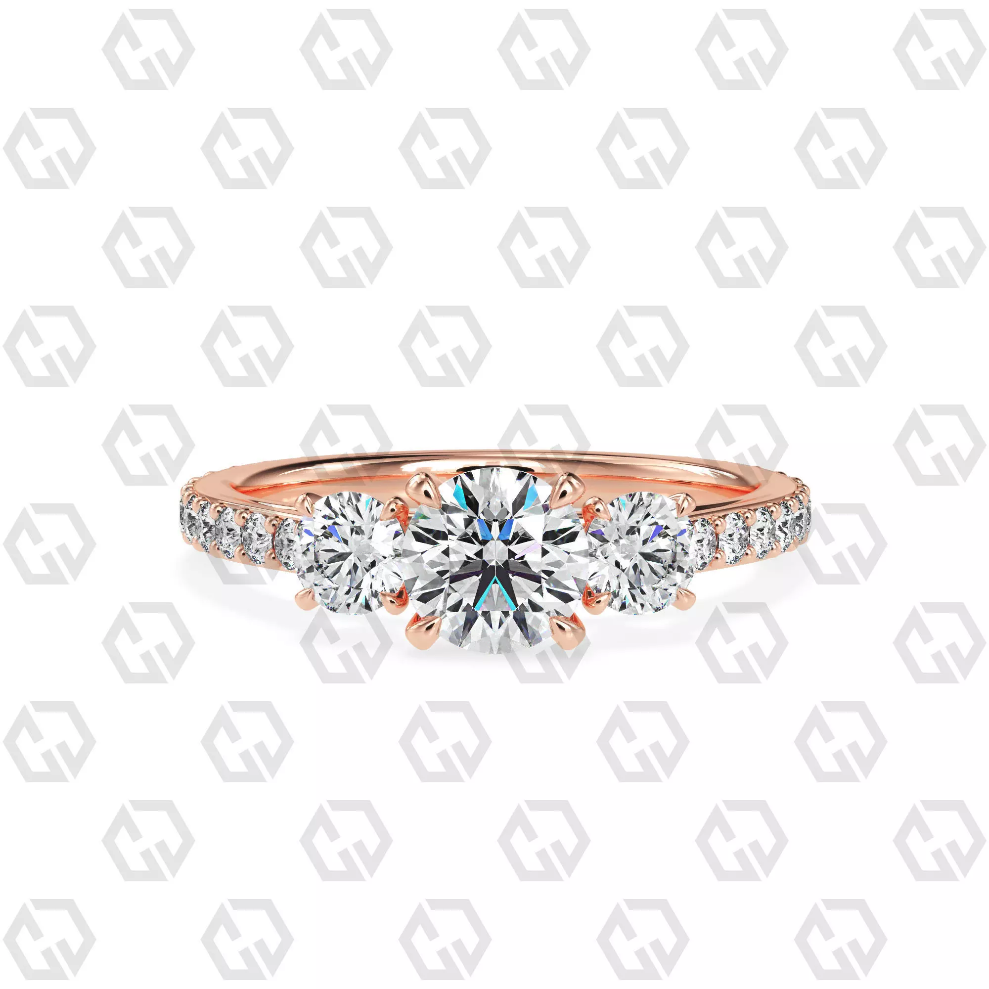 Ring 129 Round cathedral pave set shank 3 stone ring 3D print model