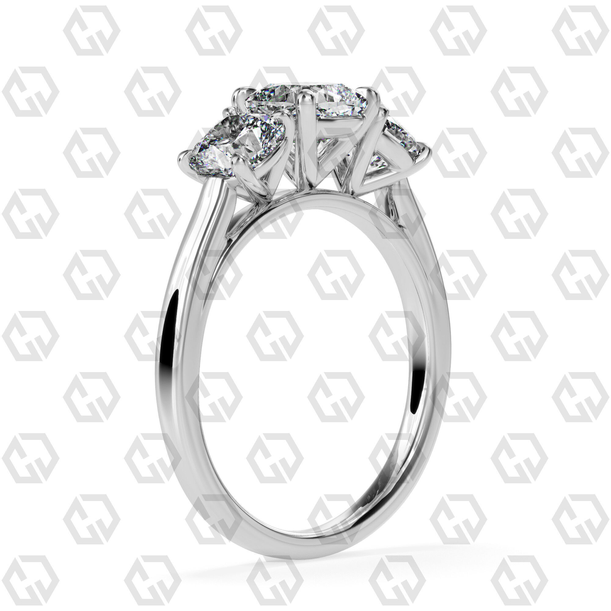 Ring 132 Cushion 3 stone ring plain cathedral shank 3D print model_6