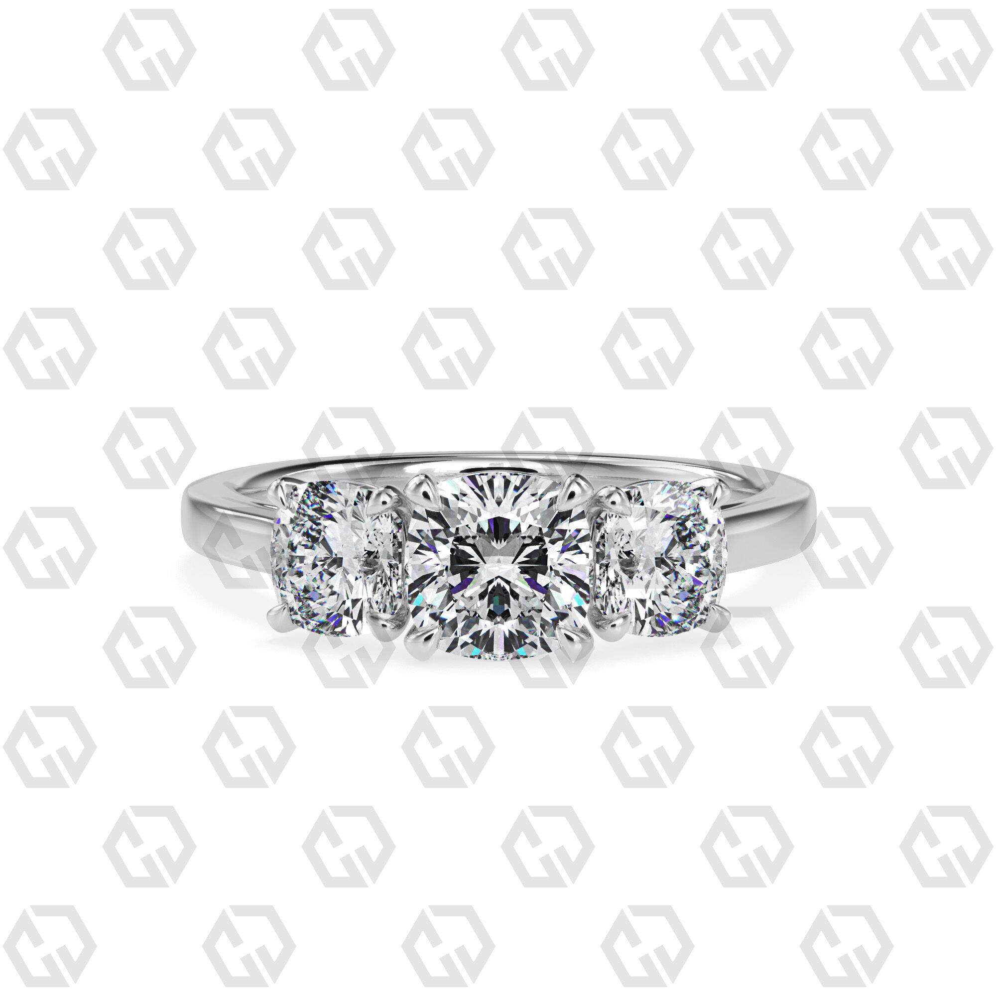 Ring 132 Cushion 3 stone ring plain cathedral shank 3D print model_7