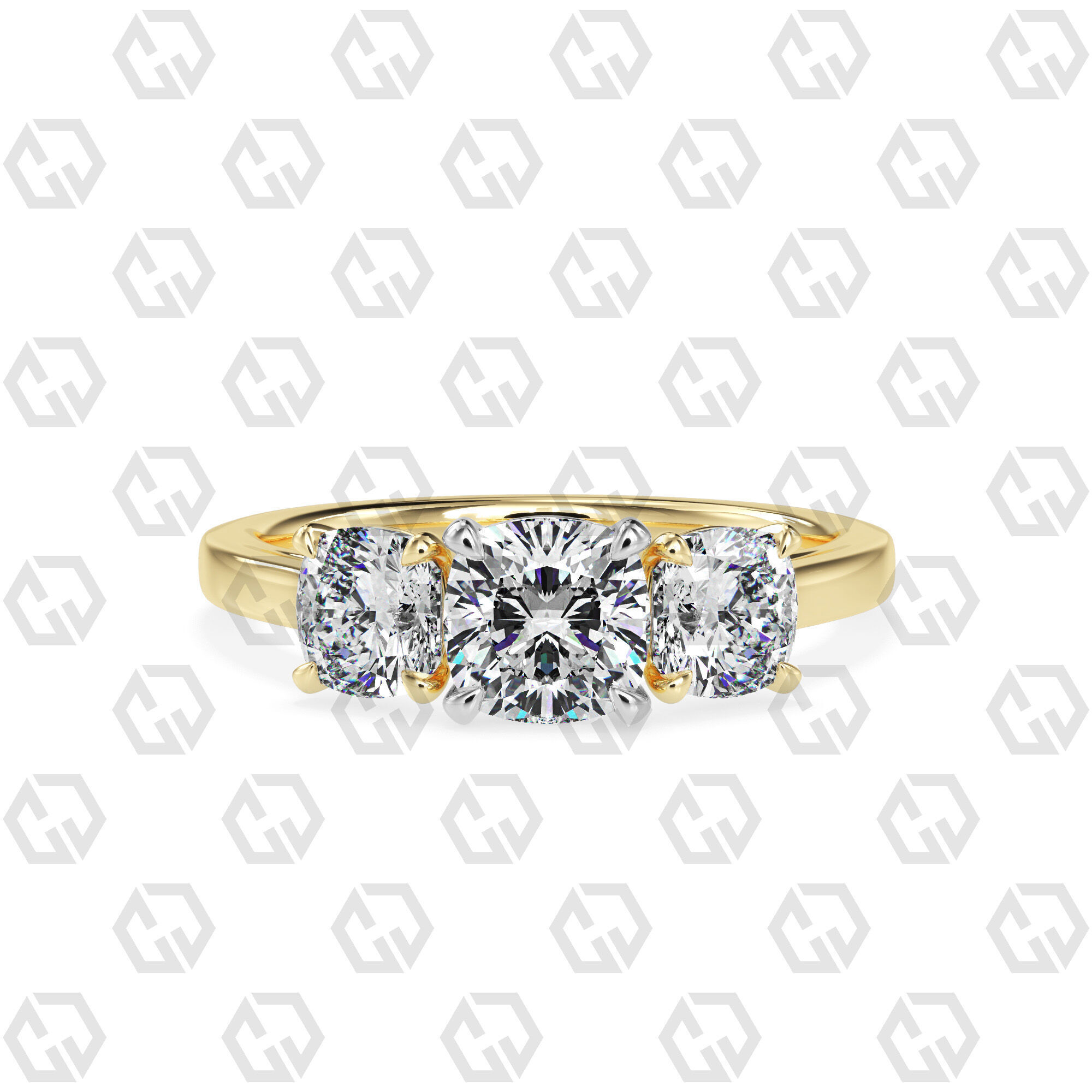 Ring 132 Cushion 3 stone ring plain cathedral shank 3D print model_9