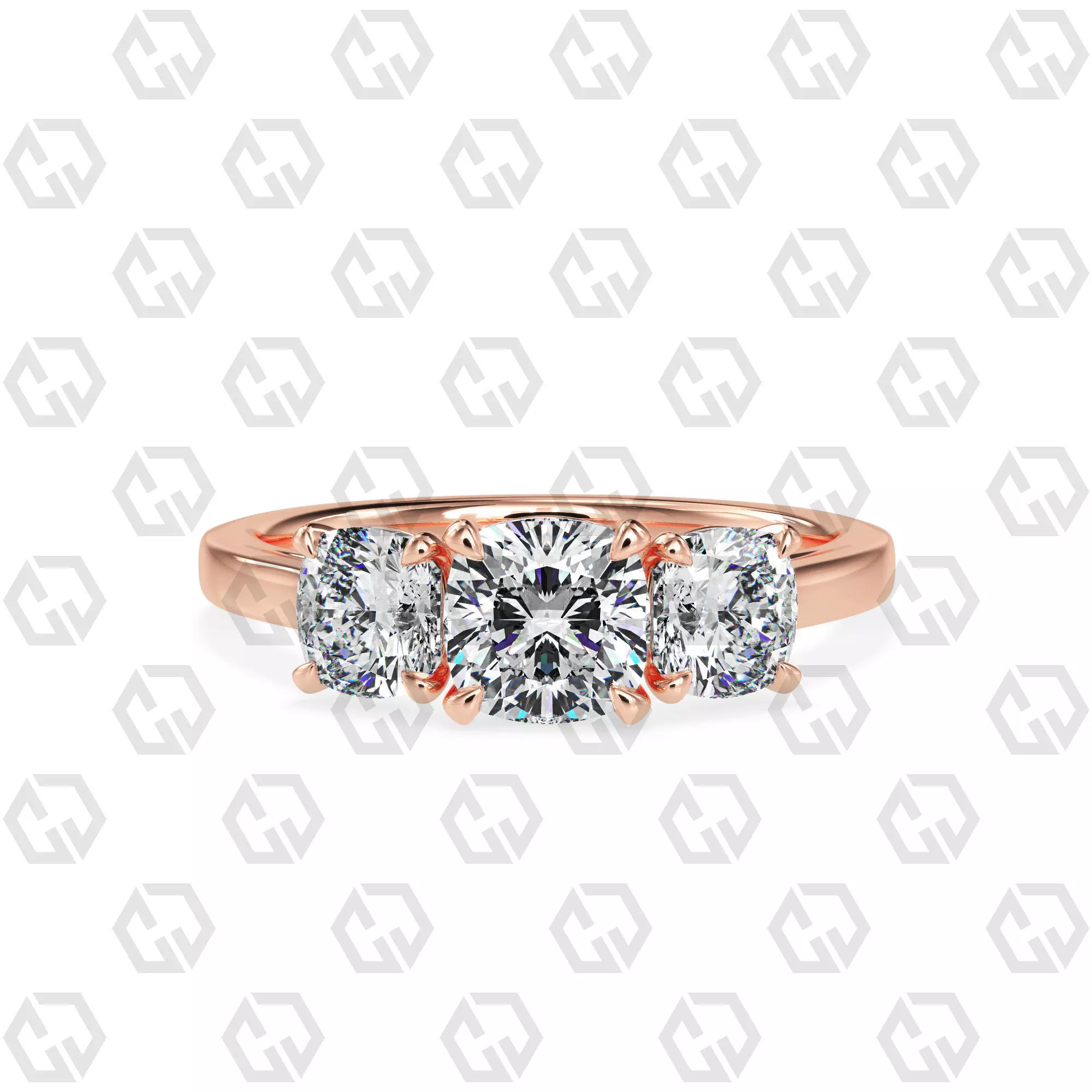 Ring 132 Cushion 3 stone ring plain cathedral shank 3D print model_0