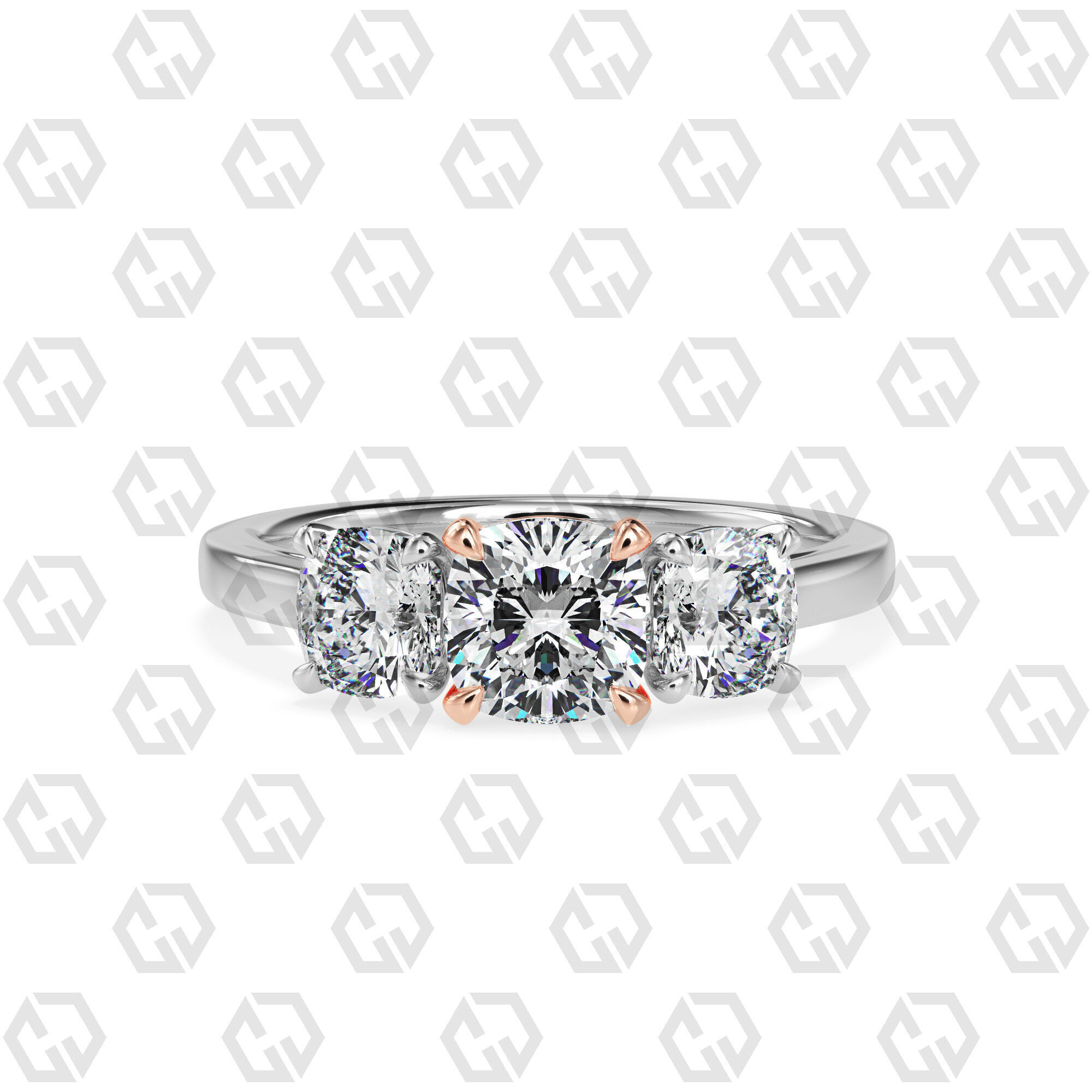 Ring 132 Cushion 3 stone ring plain cathedral shank 3D print model_3