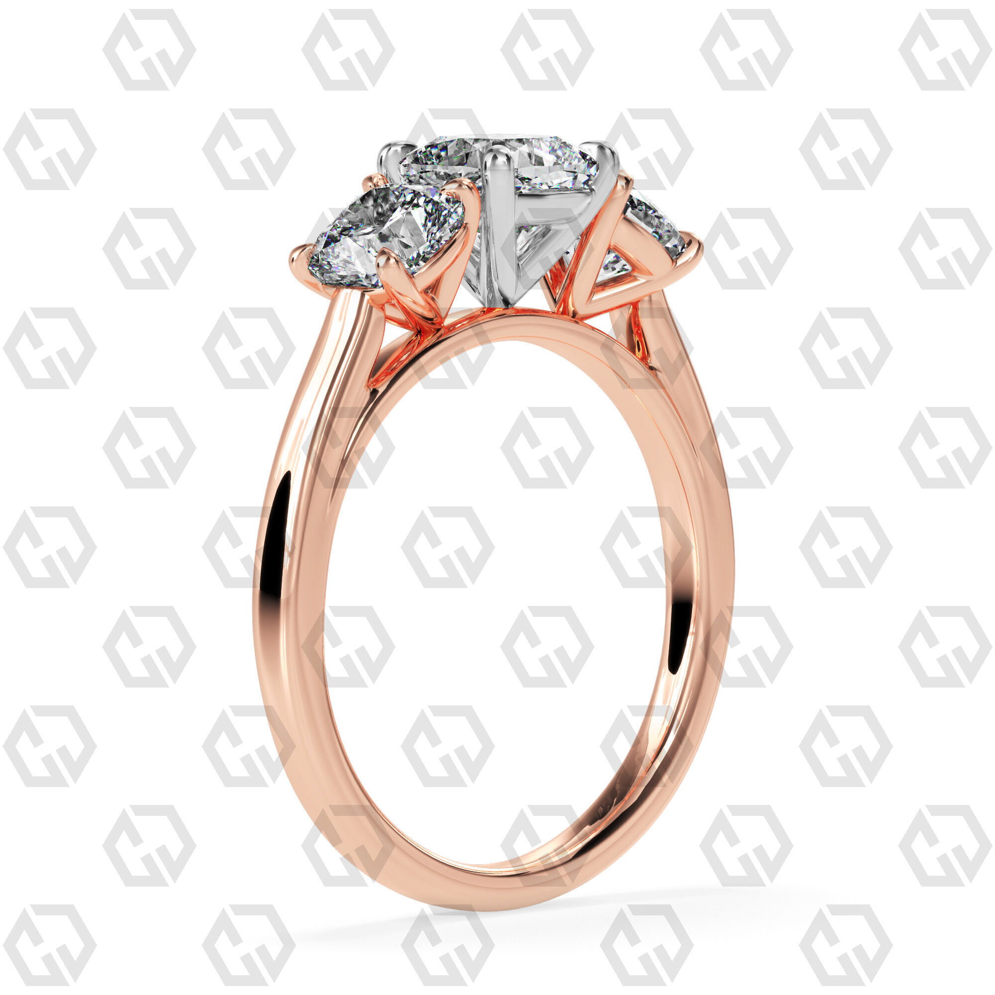 Ring 132 Cushion 3 stone ring plain cathedral shank 3D print model_4