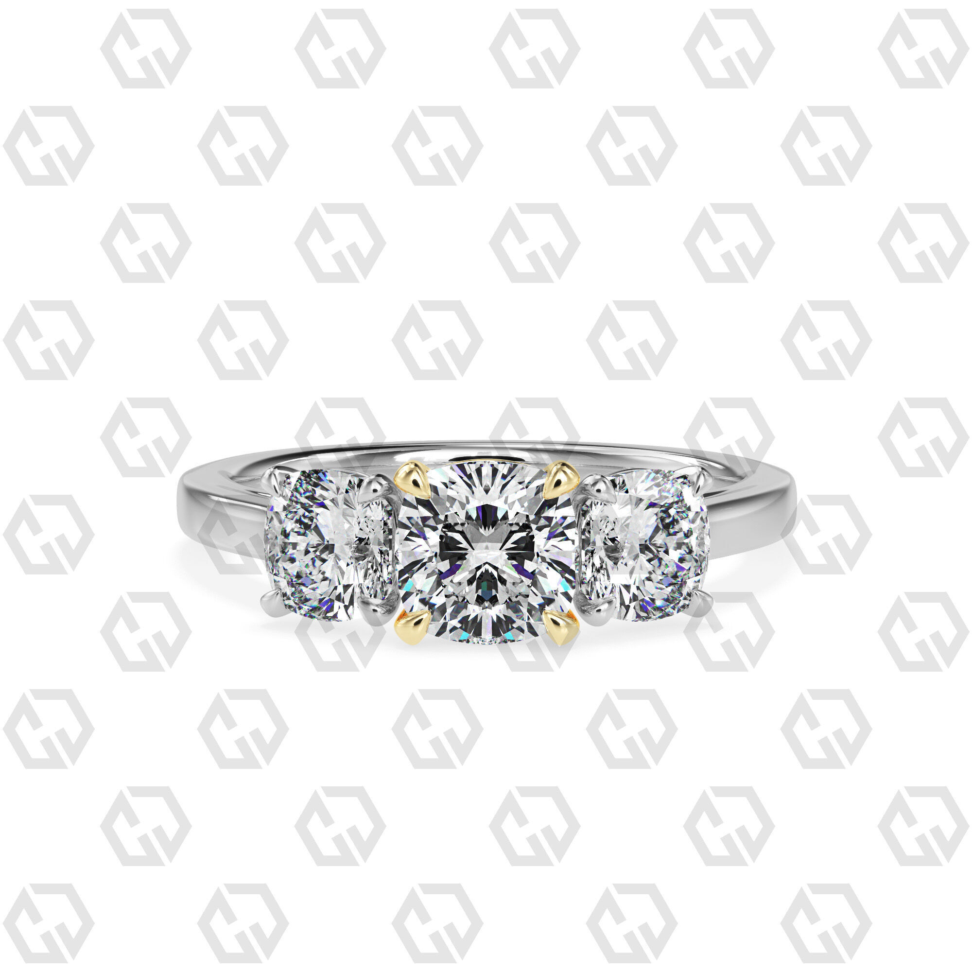 Ring 132 Cushion 3 stone ring plain cathedral shank 3D print model_11