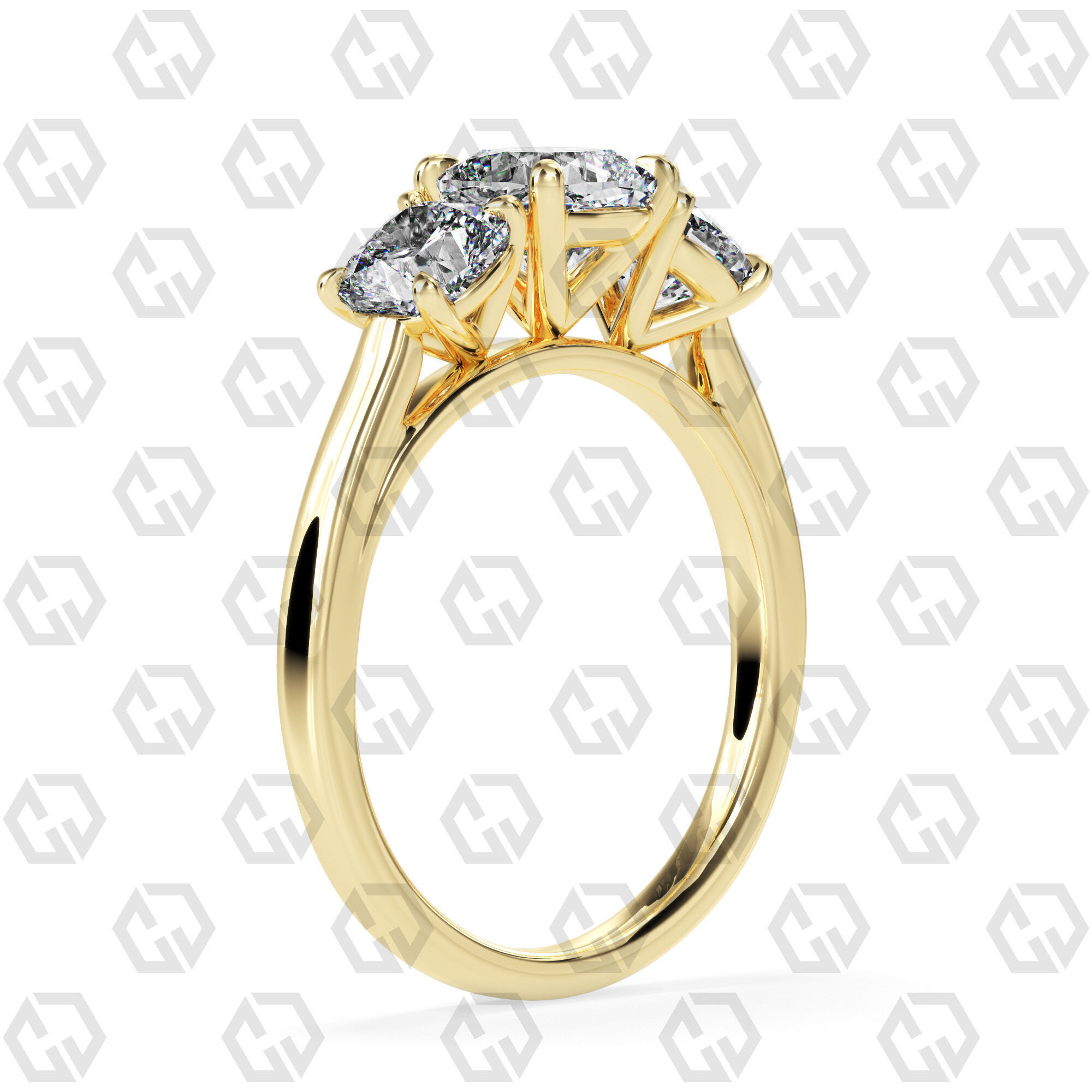 Ring 132 Cushion 3 stone ring plain cathedral shank 3D print model_12