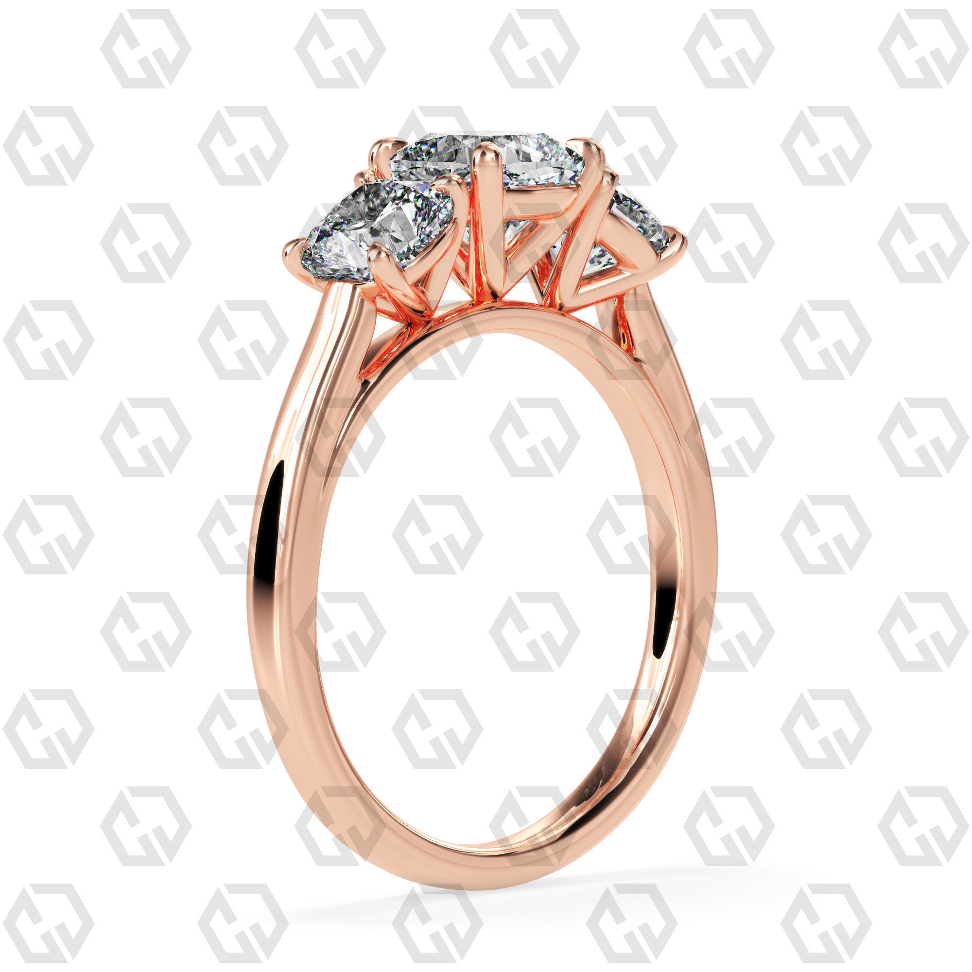 Ring 132 Cushion 3 stone ring plain cathedral shank 3D print model_1