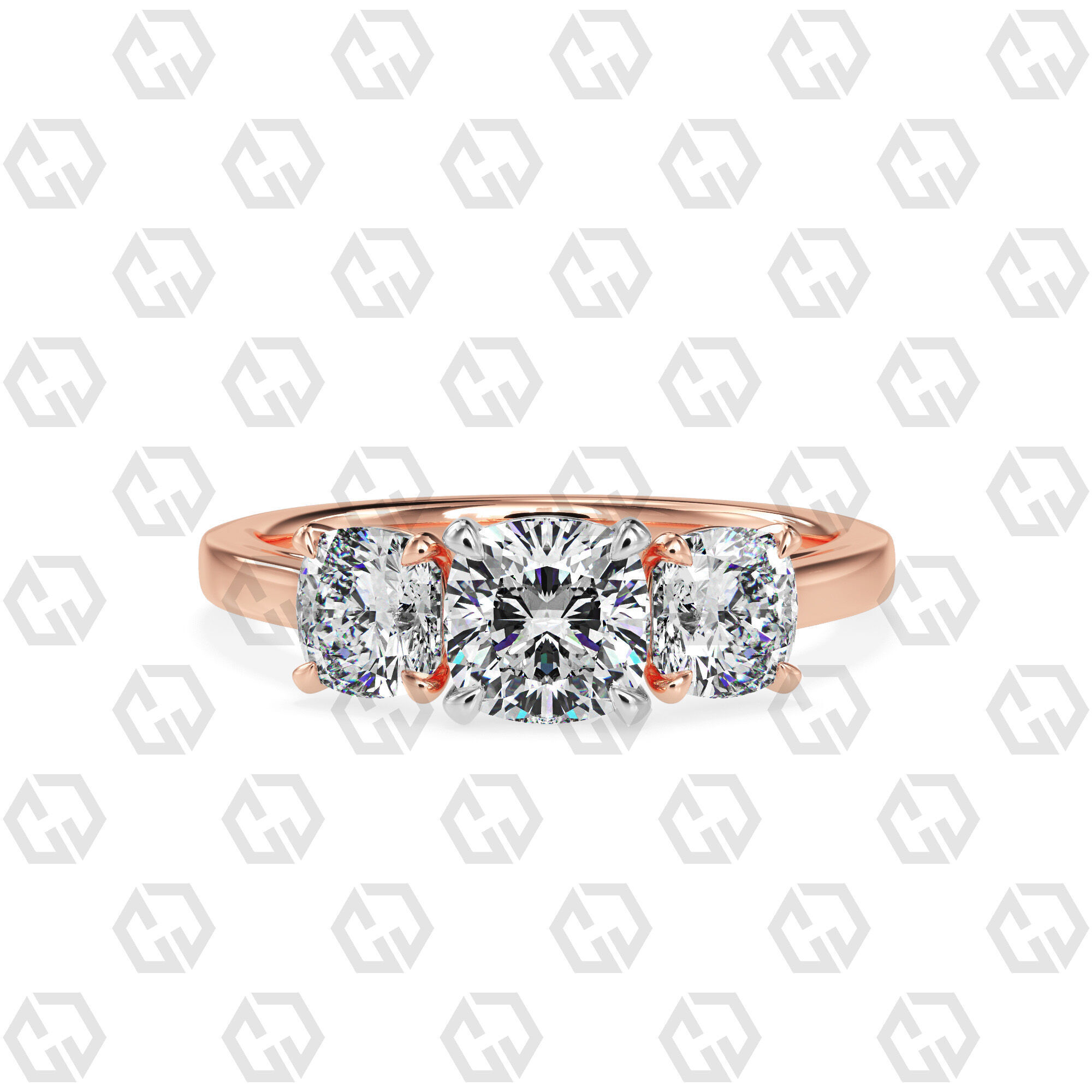 Ring 132 Cushion 3 stone ring plain cathedral shank 3D print model_5